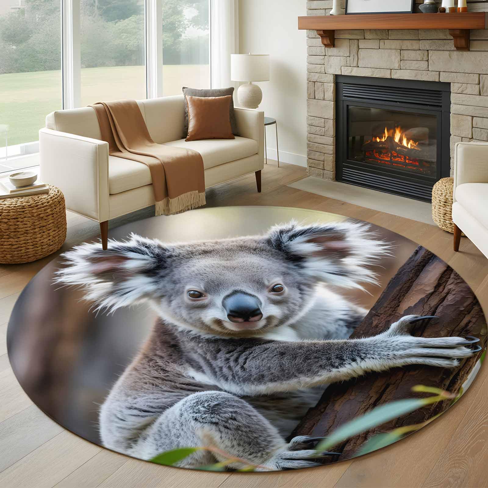 Round Rugs 7ft, Koala Non Slip Washable Rug Runner, Grey Animals Modern Art Forest Low Pile Indoor Floor Carpet Mat Bathroom Rugs for Living Room, Bedroom, Kids Room