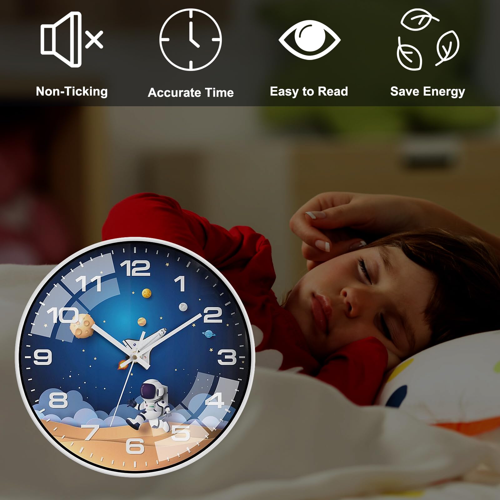 30cm Orologio da Parete per Bambini, Orologio al Quarzo Silenzioso Senza Ticchettio Orologio da Parete per Bambini Astronauta Viaggio Spaziale per camera da letto, aula, cameretta