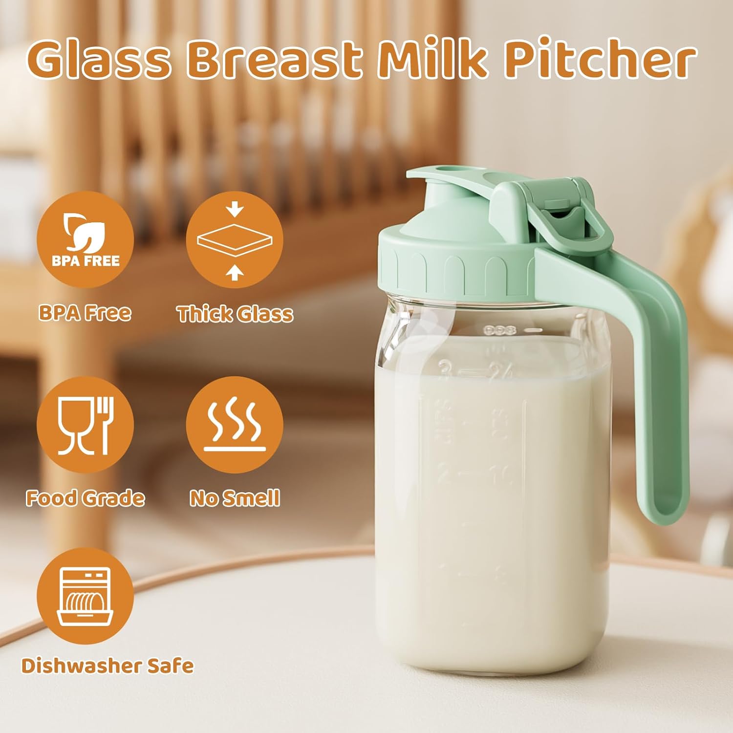 Breast Milk Pitcher, Mason Jar 32 oz, Heavy Duty Wide Mouth Jar with Green Flip Cap Lid and Pour Spout, Airtight Seal for Freshness and Convenience, Great for Cold Beverages and Home Entertaining - Image 5