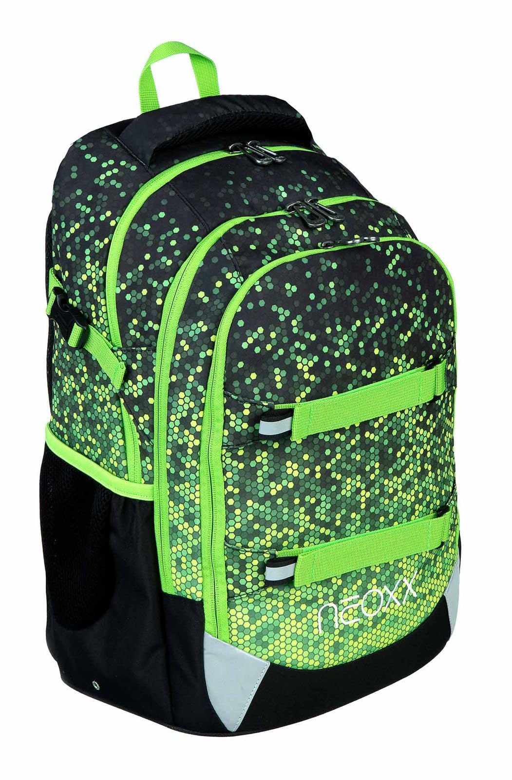 neoxx Schulrucksack ACTIVE Pro - aus recycelten PET-Flaschen - Rucksack für die Schule mit 3 Fächern + Geheimfach – höhenverstellbare und gepolsterte Träger – Volumen ca. 26 Liter