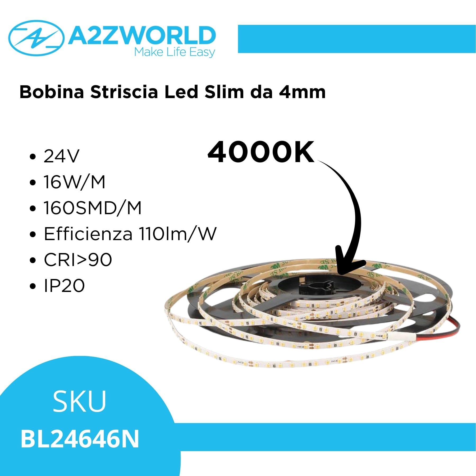 Striscia LED 24V Slim 4mm, Bianco Neutro 4000K, 16W/M 110LM/W CRI>90, Tagliabile Ogni 5cm Da 8 SMD 2216, Super Luminoso Totale 8800lm, Angolo 180°, Larghezza 4mm, Lunga da 5 Metri, IP20