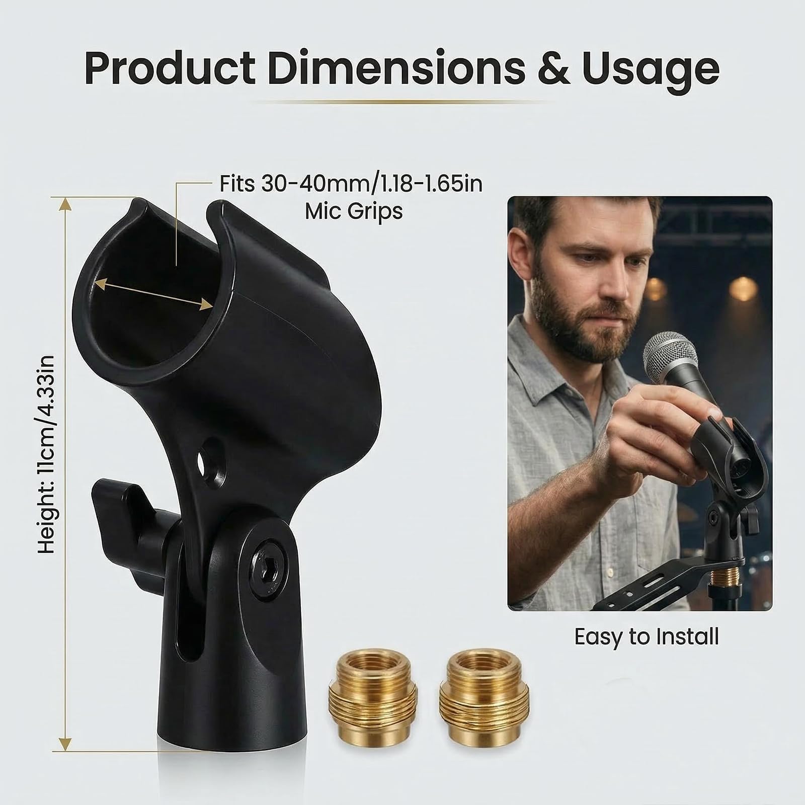 Lot de 2 Supports de Microphone Universel, Clip Réglable 180° Antidérapant avec Adaptateur 5/8" vers 3/8", Pince de Microphone en Plastique et Cuivre Noir pour Scène, Karaoké et Live