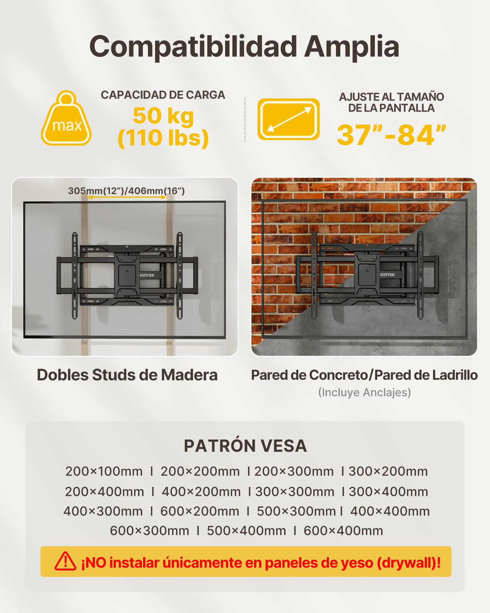 monTEK Soporte TV de Pared 37~84", VESA 600×400mm Máx. Carga Máx.50Kg | Soporte De Televisor De Pared, Soporte De Pared,Brazo Articulado,Inclinación,Rotación,Movimiento completo