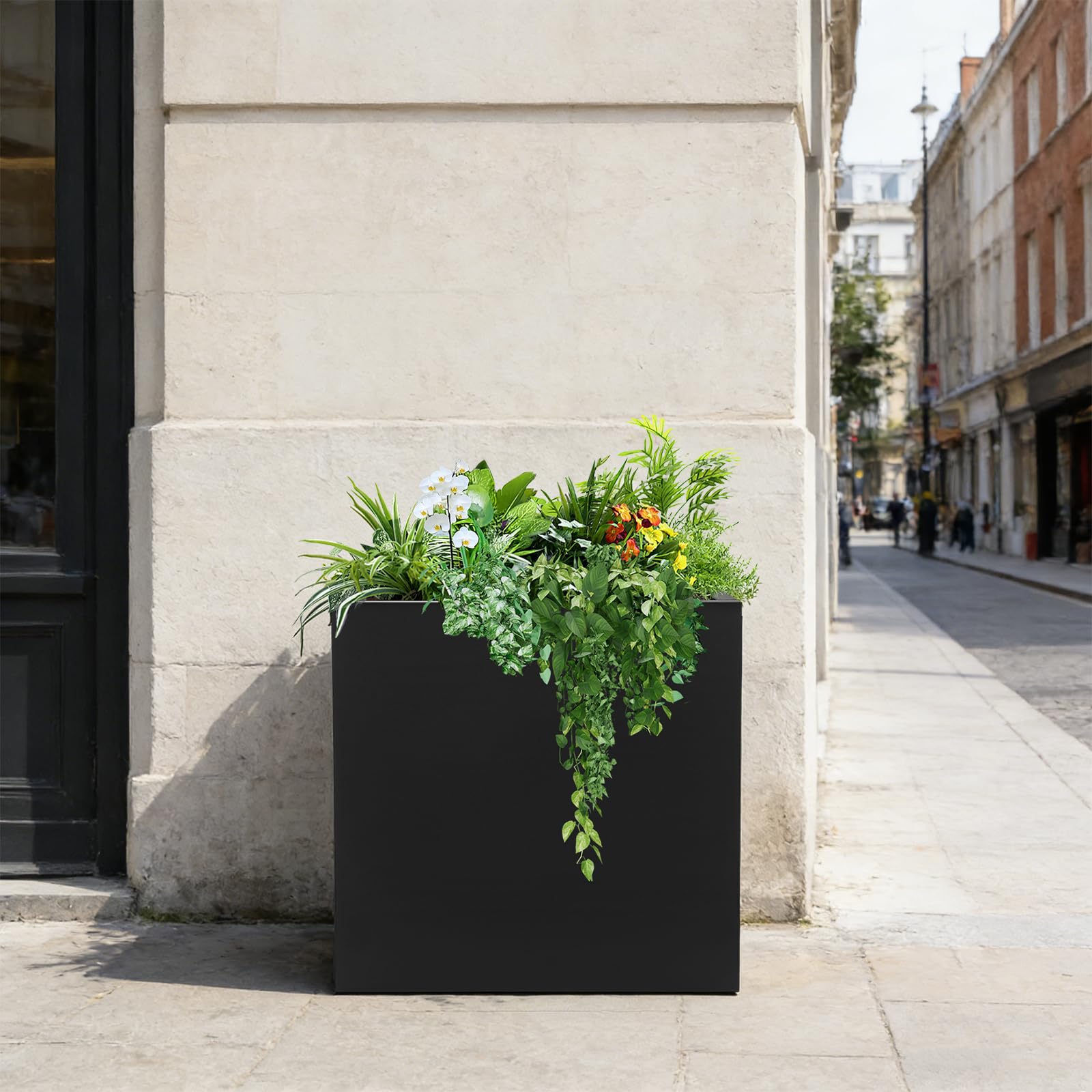 Vaso per piante, grande, 60 x 60 x 60 cm, quadrato, in acciaio, per interni, esterni, giardini, ingressi, terrazze, cortili (nero, 60 cm)