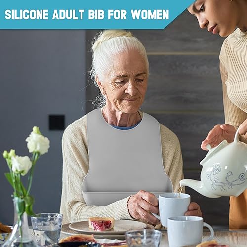 Miniatura 2 de Babero ajustable de silicona TaoTazon para adultos, babero lavable para hombres y mujeres, babero impermeable para personas mayores con recogedor de