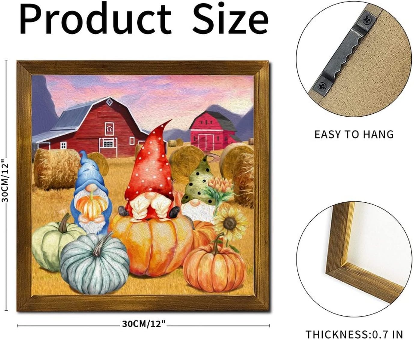 Thanksgiving Pumpkin Farm Barn Wooden Framed Sign Gnome Sunflower Wall Decor Sign Farmhouse Harvest Thanksgiving Wall Decor Farmhouse Rustic Wooden for Entryway Porch Bar Pub Party 12x12 inch