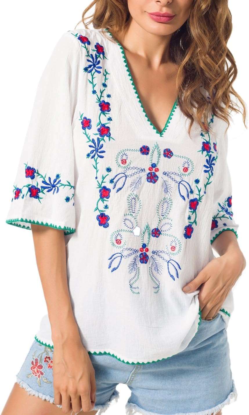 YZXDORWJ Women's Embroidery Mexican Bohemian Cotton Tops Shirt Tunic Blouses (Xh1701, M)