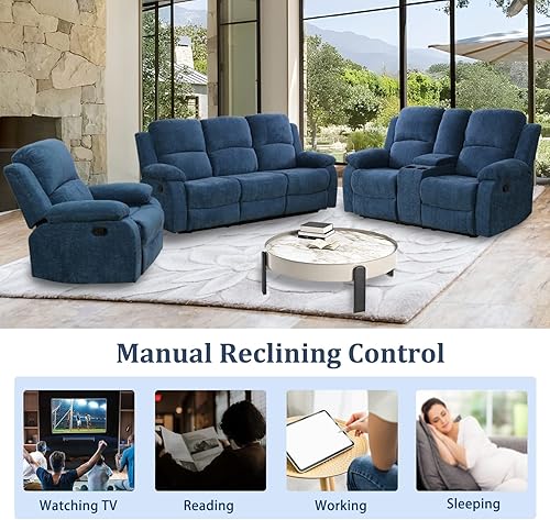 Miniatura 7 de Juego de sofá reclinable manual para sala de estar, juego de sofá reclinable de 3 piezas, sofá reclinable de tela de pana, muebles reclinables con