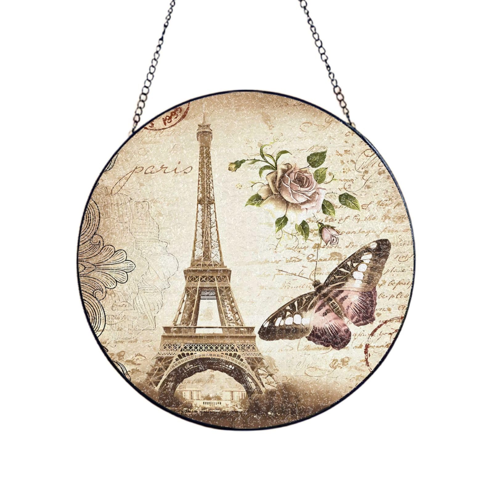 Phayah Vintage Paris Eiffel Tower Butterfly Print Stained Glass Window Hanging Suncatcher For Door Terrace Garden Home Decor Sun Catcher Birthday Gifts For Lovers Dad Mom 12in（30cm）