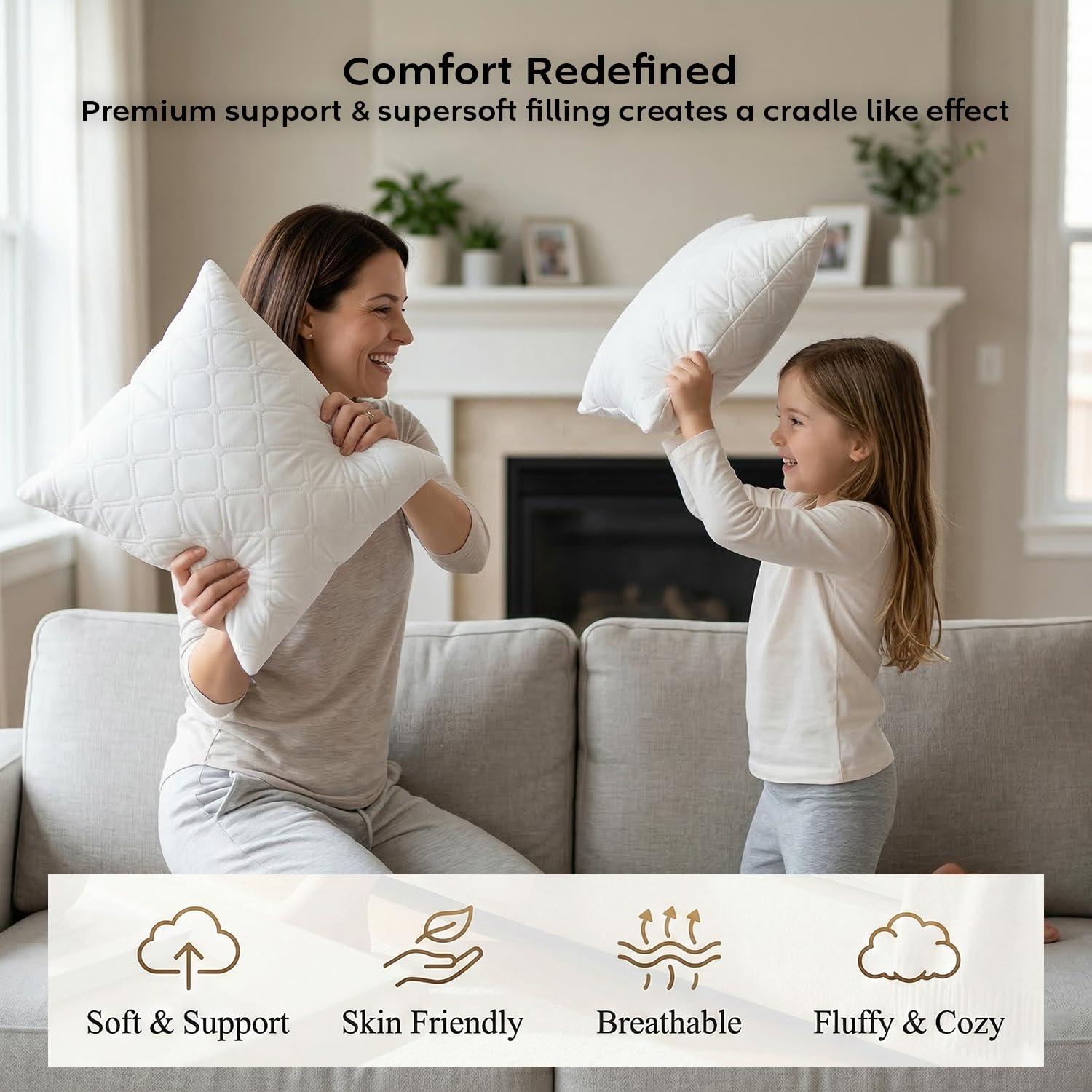 AYKA Microfiber Cushion Filler Set of 2 (16 x 16 Inch) | Soft & Fluffy Sofa Cushions Inserts | Premium Polyester Fiber Throw Pillows for Sofa, Couch, Bed & Living Room Decor | White 3