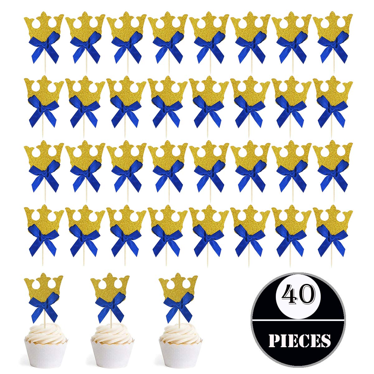 Gold Glitter Crown Cupcake Toppers and Blue Bow, Seasonsky 40 Pack Cake Decoration Toppers for Dessert Table, Christmas, Baby Shower, Birthday, Anniversary, Wedding and Any Party