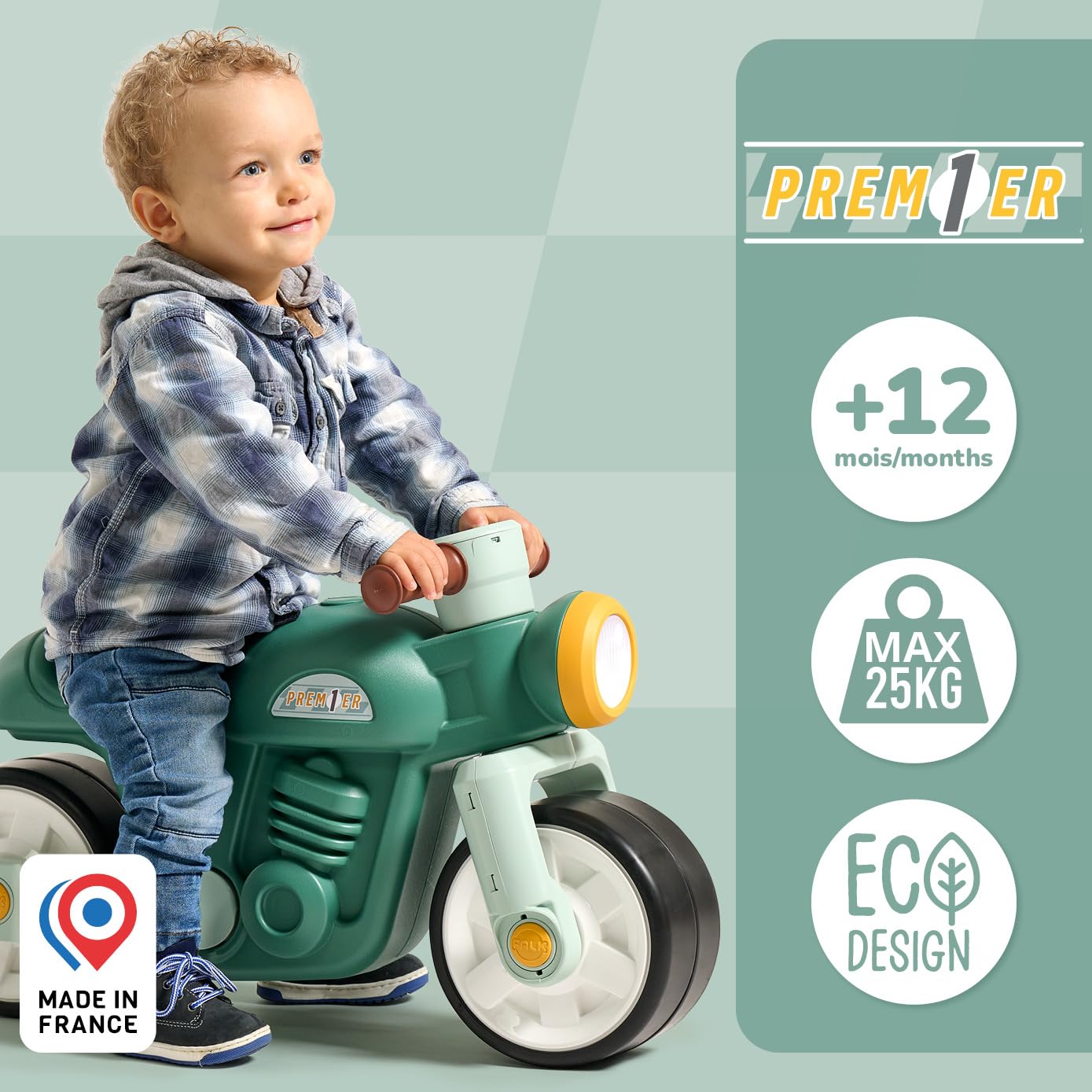 FALK - Draisienne Moto Prem1er - Verde - Ruote extra larghe e silenziose - Manubrio direzionale - Look Vintage - Contiene almeno il 75% di plastica riciclata - Made in France - Da 12 mesi - 451S | Ruote extra larghe e silenziose, contiene almeno il 75% di