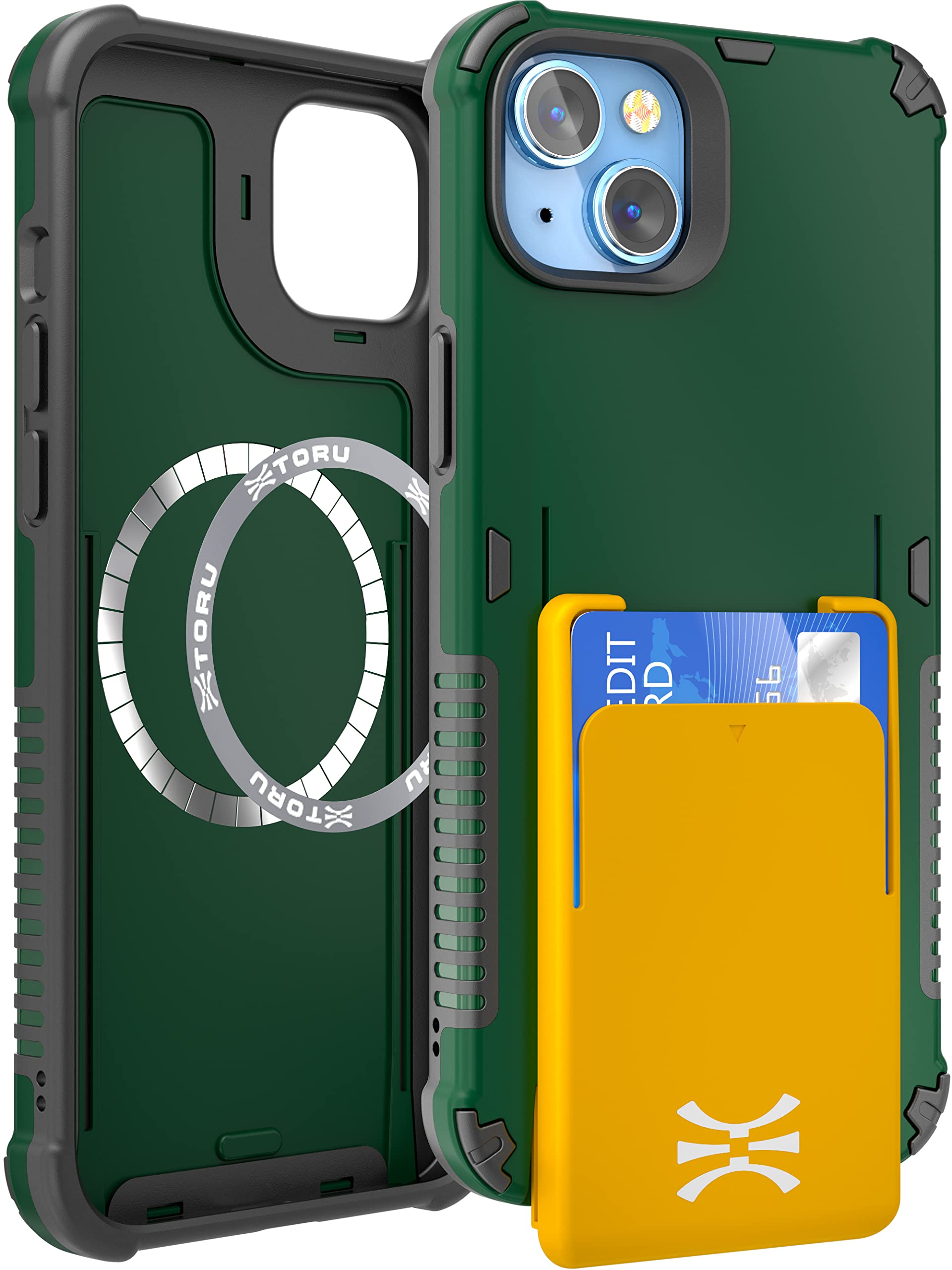 TORU MX PRO for iPhone 14 Case with Card Holder | Slim Protective Cover with Built-in Magnets for MagSafe Compatible | Detachable Sliding Wallet for 3 Cards | Wrist Strap Included - Green