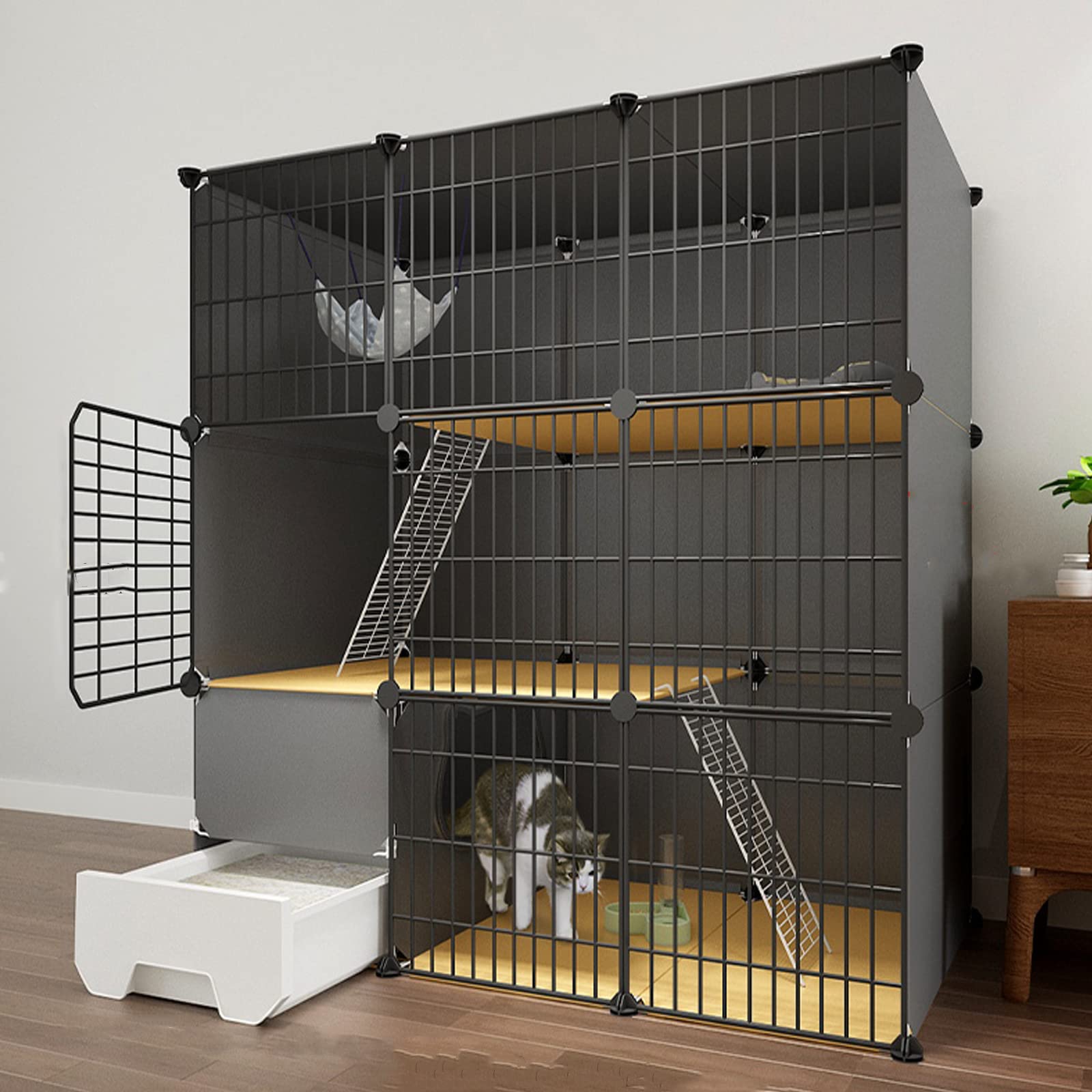 Gabbia per Gatto Interno, recinzioni di Gatto Ploypen, Metallo Staccabile Piccoli Animali da Animale Design Fai-da-Te Ployps Place di Allenamento Grande Ideale per 1-3 Gatti, con Vassoio per lettiera