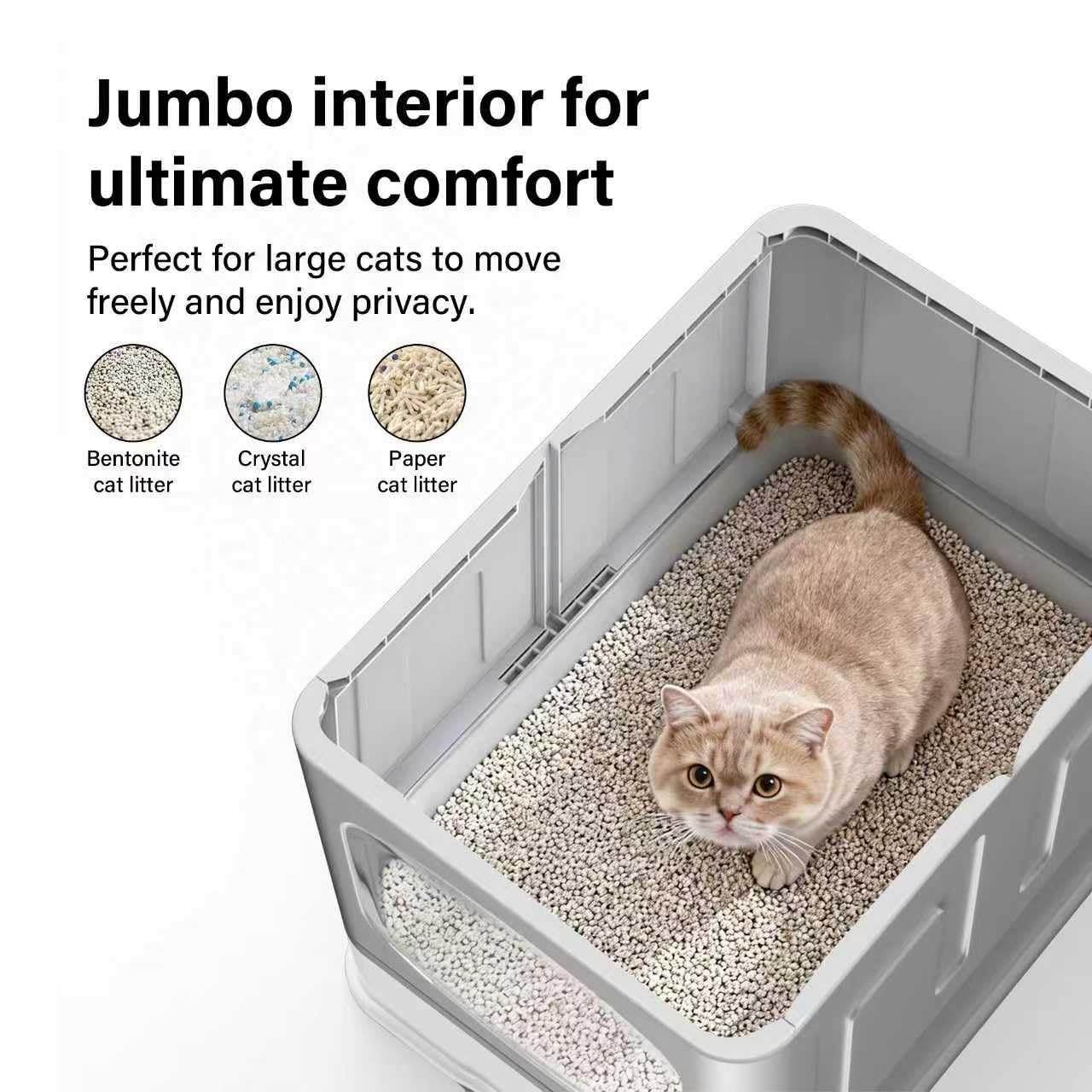 Caja de Arena Grande para Gatos, Caja de Arena Plegable con Tapa, Cuchara, Puerta con Solapa, Bandeja Deslizante para una fácil Limpieza, Bandeja Grande con Capucha antisalpicaduras para Gatos