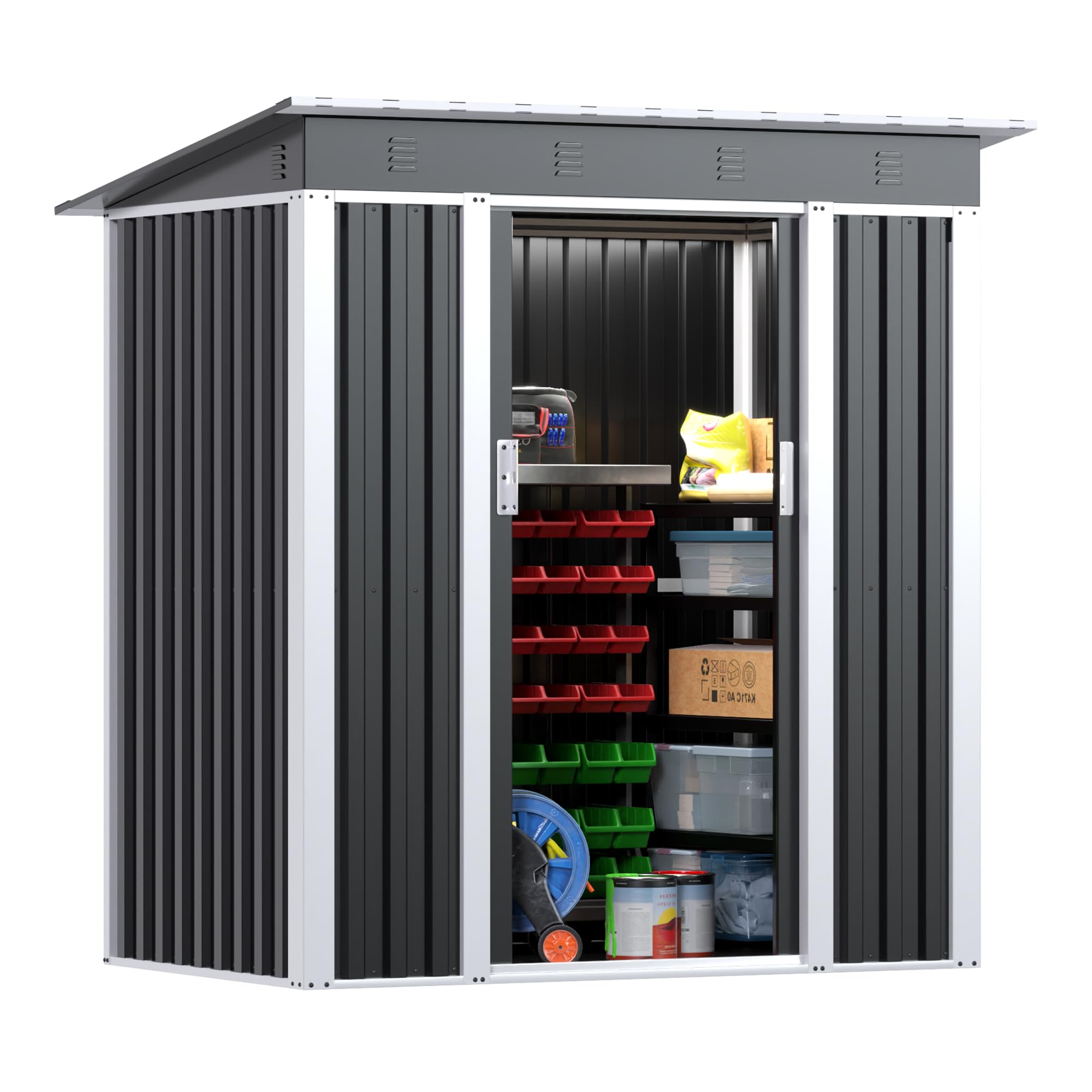 SUPEER Metall Gerätehaus 3 m² mit Schrägdach,H185cm*L162cm*W120cm Geräteschuppen Garten Schuppen Gartenhaus（schwarz）
