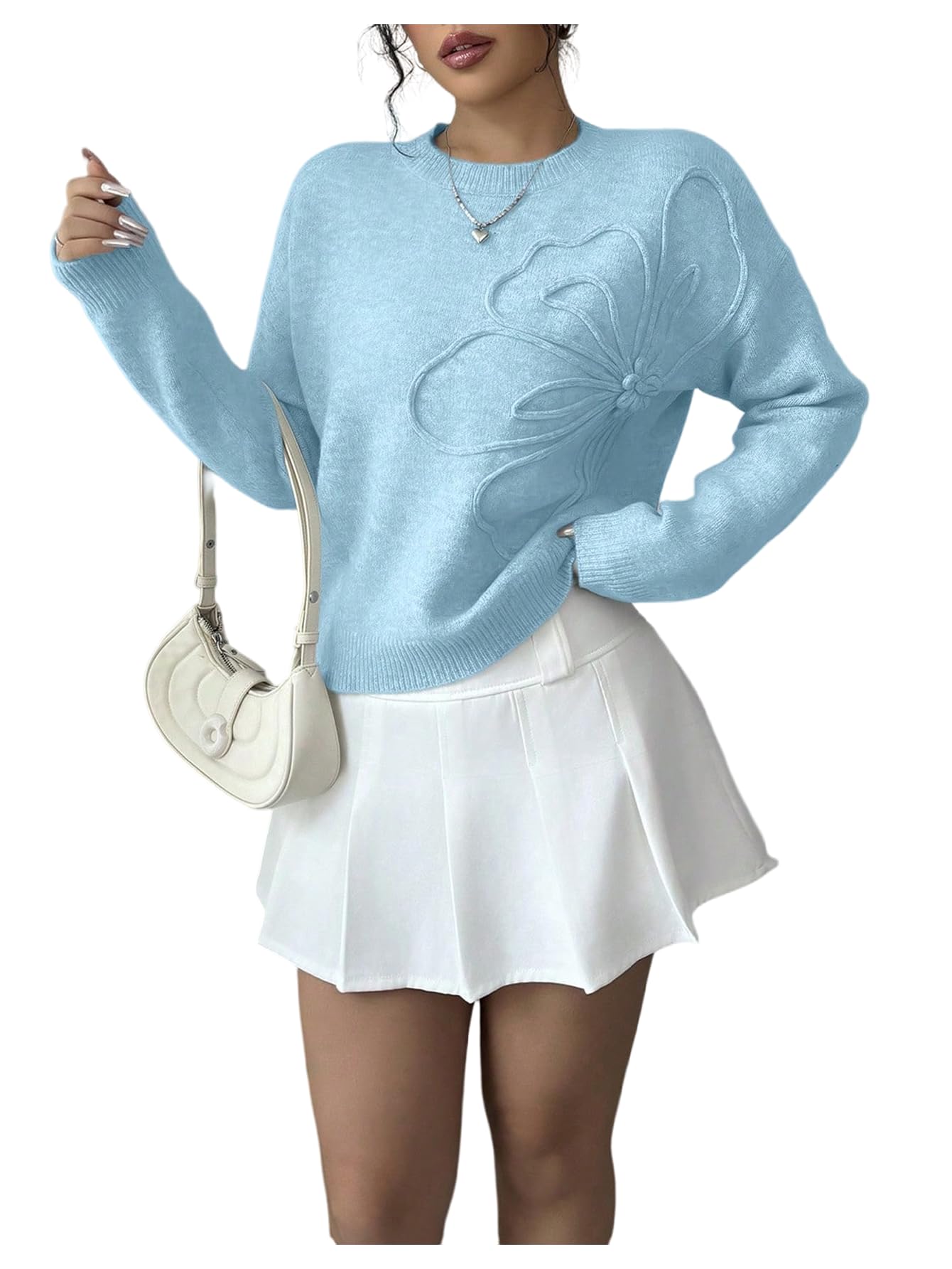 RoseSeek Women's 3D Floral Appliques Sweaters Long Sleeve Knit Tops