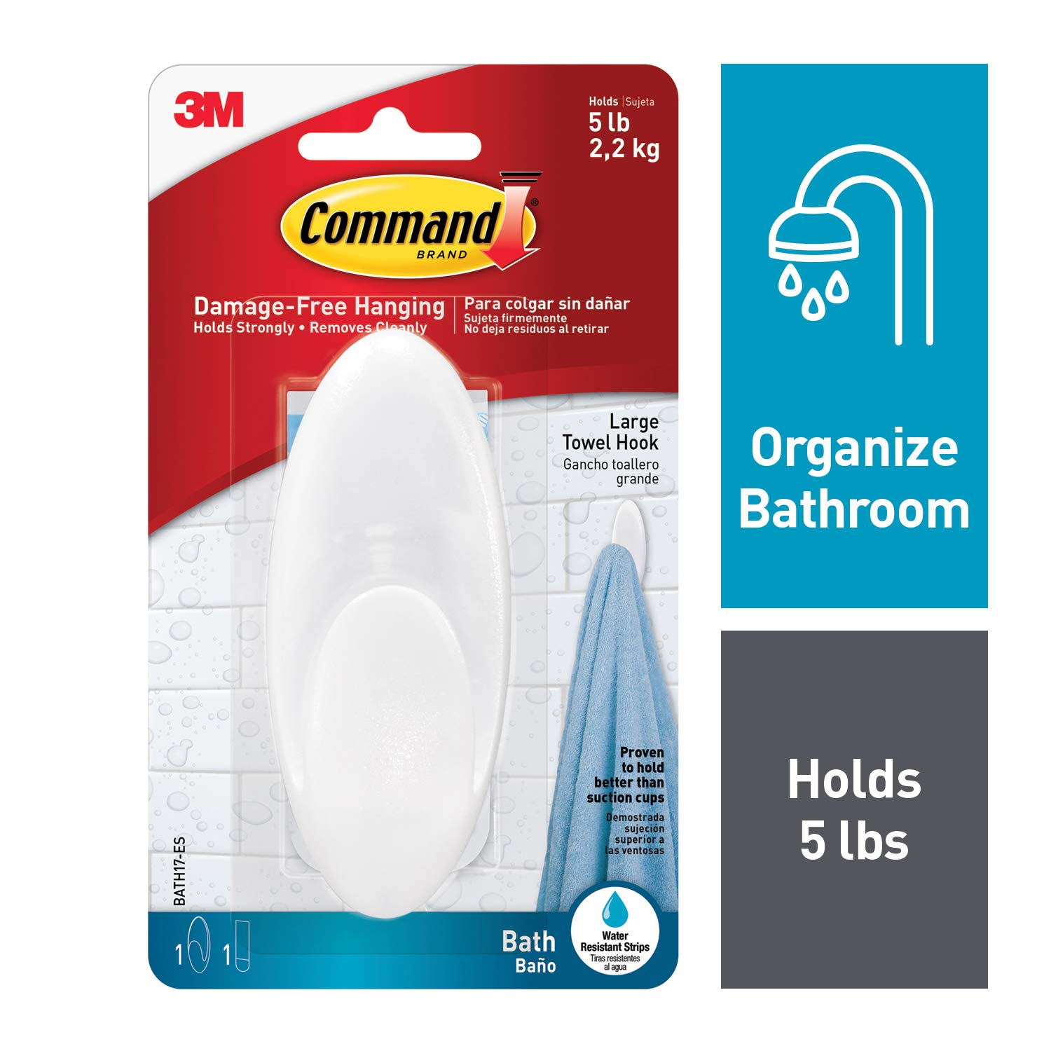 Command Towel Large Hook Clear Frosted, 1 Hook+ 2 Strips/pack | Holds 2.2kg | White color | Water-Resistant Strips | Organize | Decoration | No Tools | Holds Strongly | Damage-Free Hanging