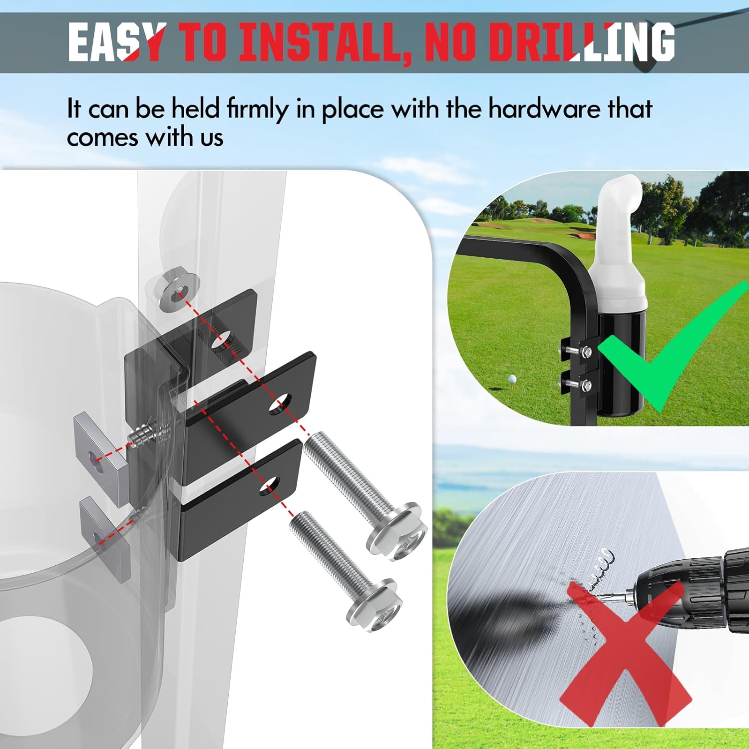 No Drilling Golf Cart Sand Bottle with Holder Bracket, Sand Bottle for Golf Cart YAMAHA Club Car EZGO with 1" Square Tube, Golf Cart Sand Divot Seed Bottle Holder Bucket 35 oz Large Capacity