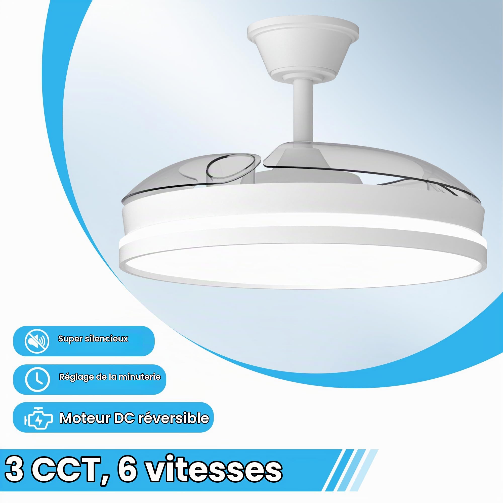 Ventilateur de Plafond avec Lumière et Telecommande, 106cm LED Lampe Ventilateur Plafond Dimmable Lampe Intégrée, 6 Vitesses, Silencieux