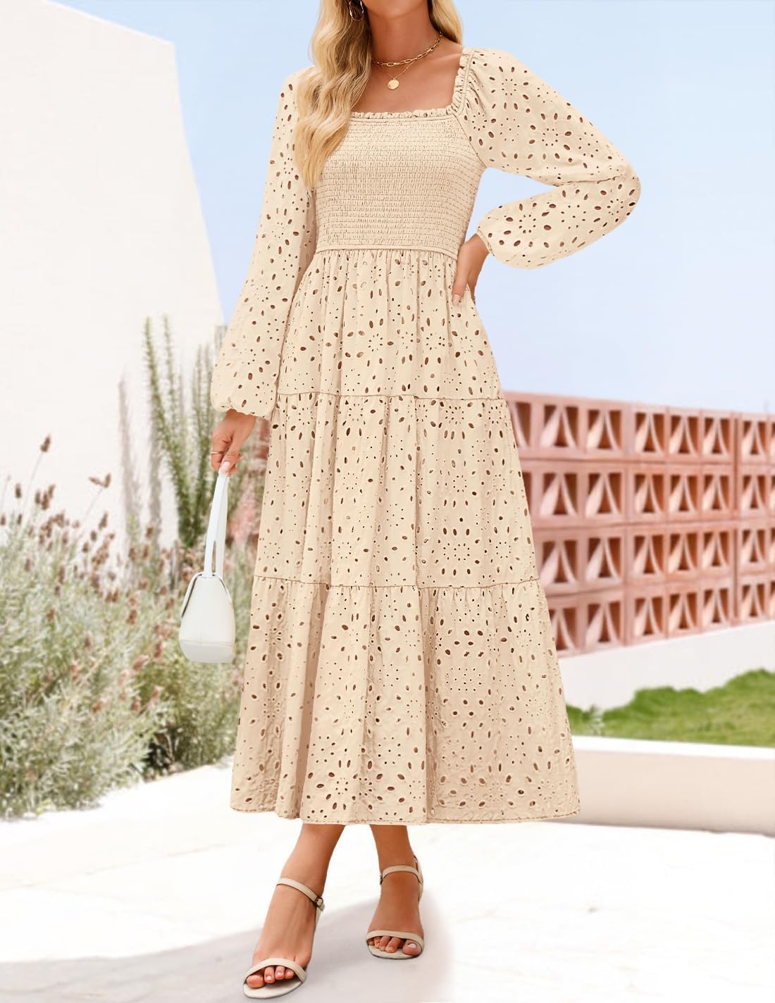 ZESICA Women's Spring Long Sleeve Maxi Dresses 2026 Square Neck Hollow Out Eyelet Smocked A Line Cocktail Party Dress - Image 8