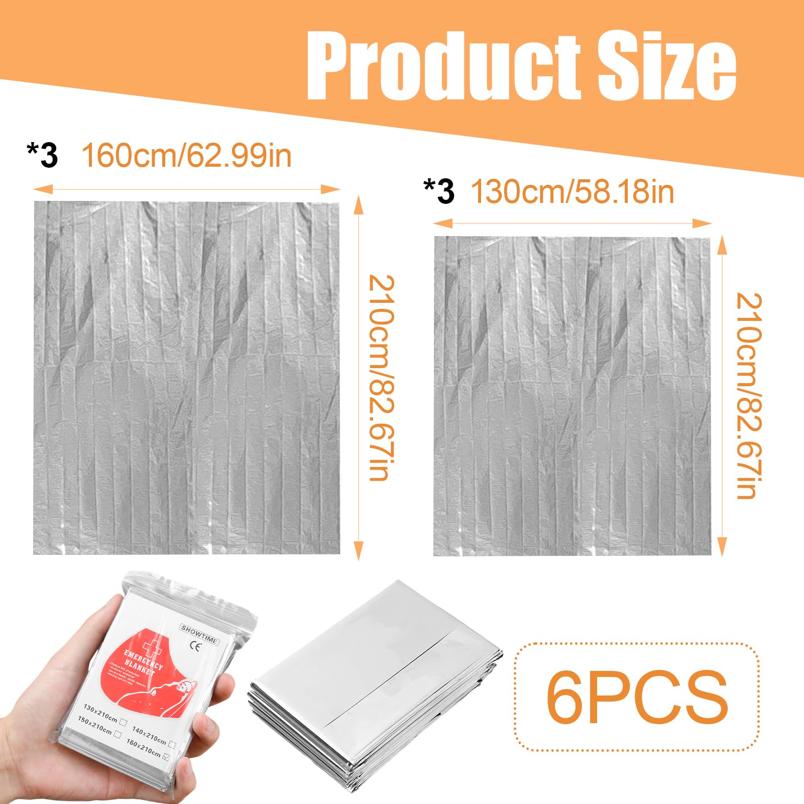 Juego de 6 fundas de supervivencia reutilizables gruesas isotérmicas, tamaños 130 x 210 cm y 160 x 210 cm, ideal como manta de emergencia térmica para exteriores, senderismo, ventanas y primeros