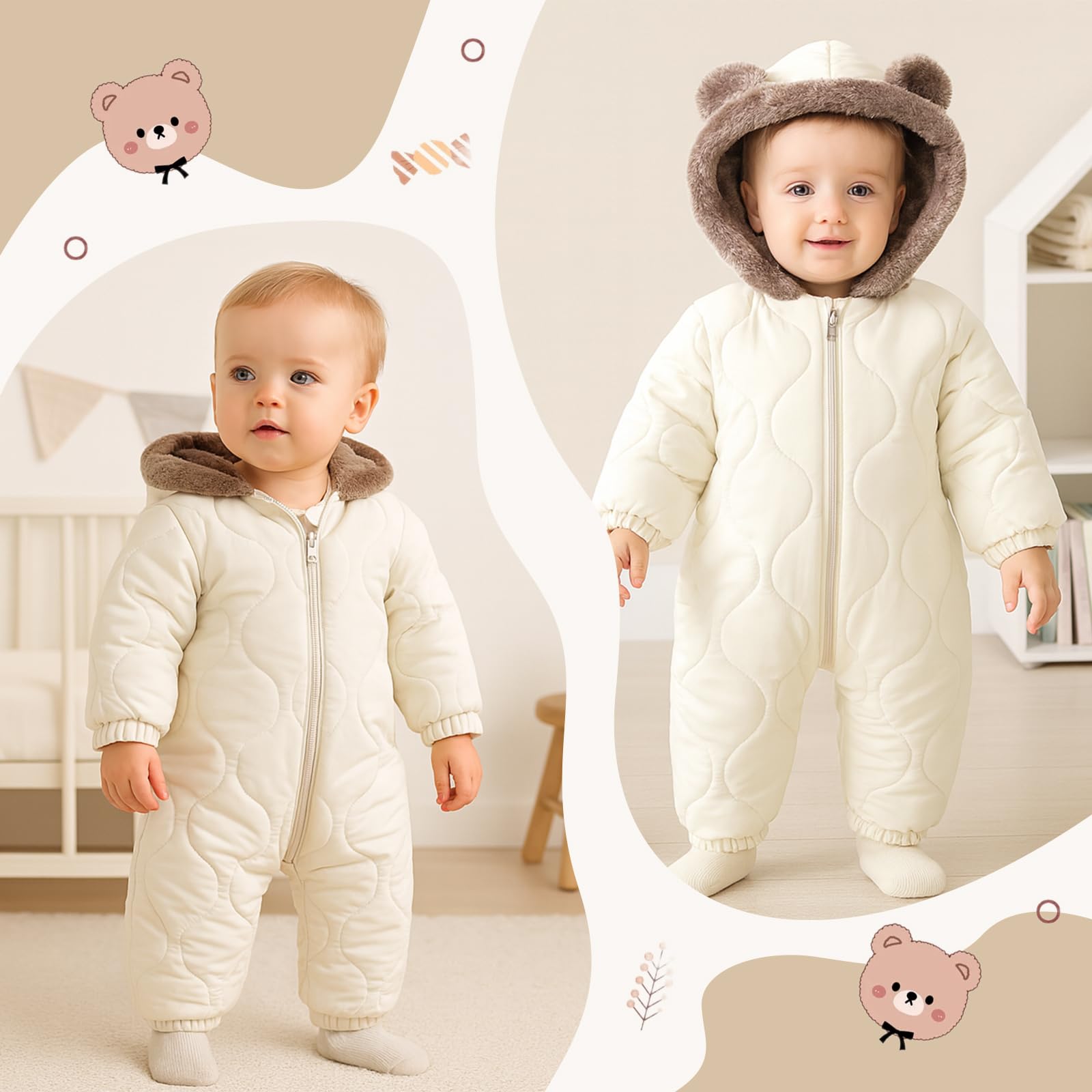 Yanmucy Traje de nieve para bebé, forro polar grueso, abrigo cálido para bebé, mono de invierno para cochecito de bebé, para niñas y niños, de 0 a 24 meses