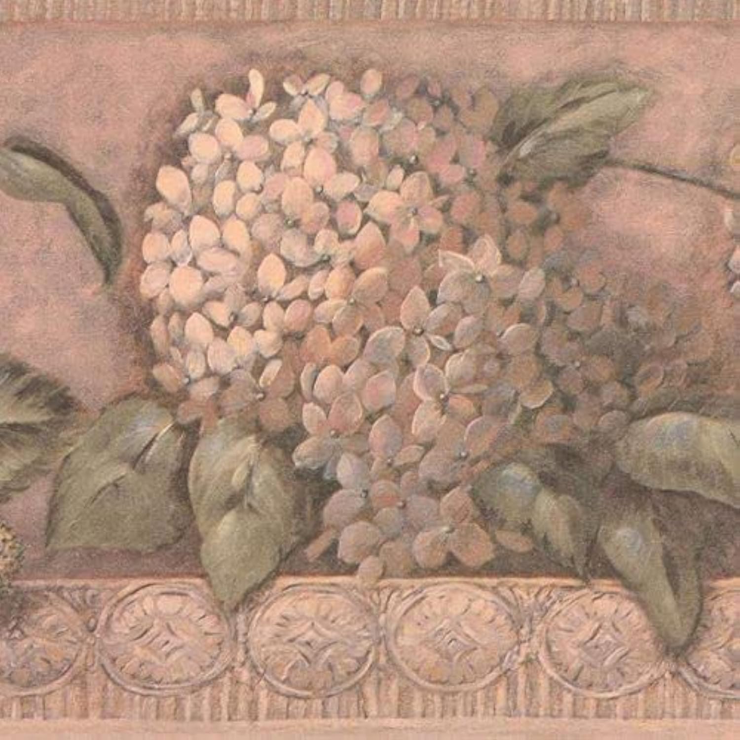 CONCORD WALLCOVERINGS  Papel tapiz floral con flores y hojas de hortensias, colores rosa, verde, beige, aspecto clásico, tamaño 9.5 pulgadas por 15