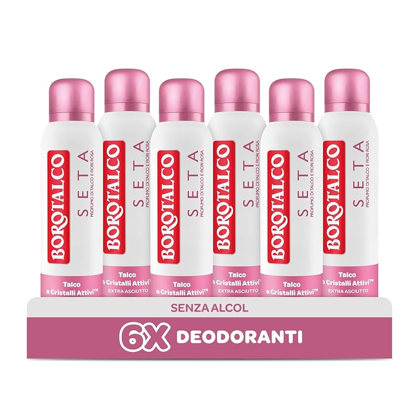 Borotalco Deodorante Seta, Profumo di Talco e Fiori Rosa, Deodorante Donna Spray con Talco a Cristalli Attivi, Tripla Protezione Asciutta per 48 Ore, Senza Alcool - 6 Flaconi da 150 ml