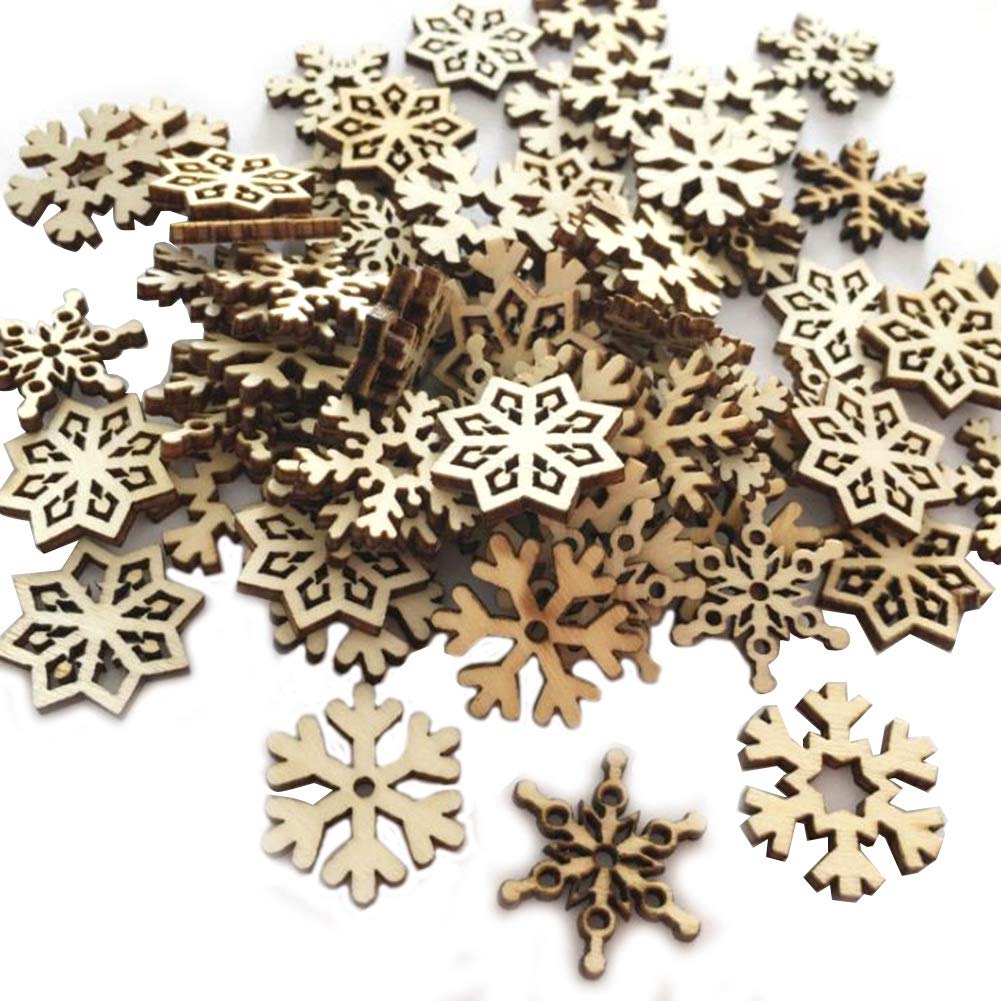 CTRLZS 100Pcs Wooden Snowflakes Embellishments Cutouts Craft Ornaments Unfinished Wood Snowflake Hanging Ornaments