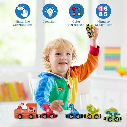 Miniatura 6 de NASHRIO Juguetes de dinosaurio para niños de más de 36 meses, juego de tren magnético de madera de dinosaurio, divertidos regalos educativos
