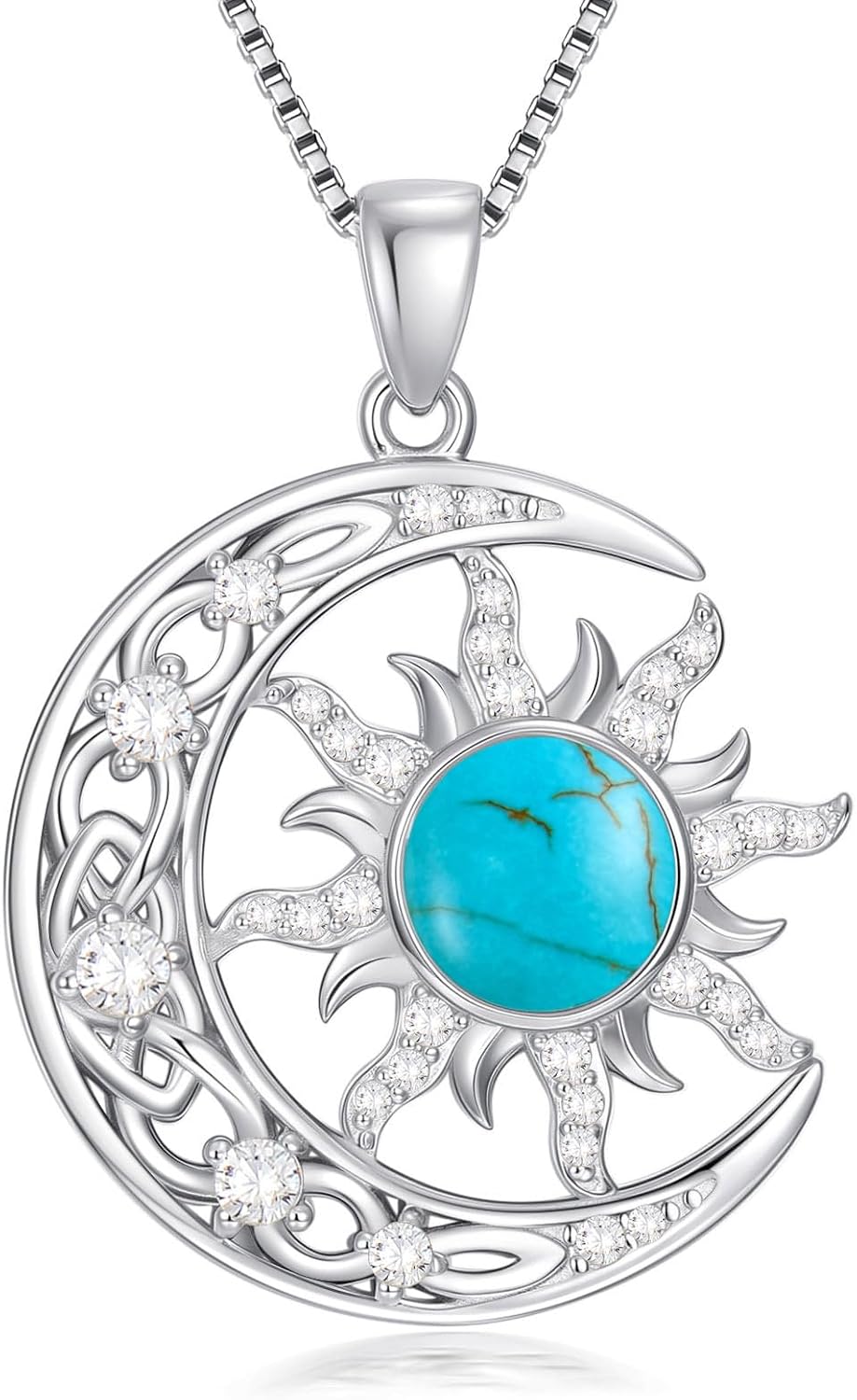 Celtic Moon and Sun Necklace, 925 Sterling Silver Natural Turquoise Pendant, Boho Celestial Jewelry Gift for Women