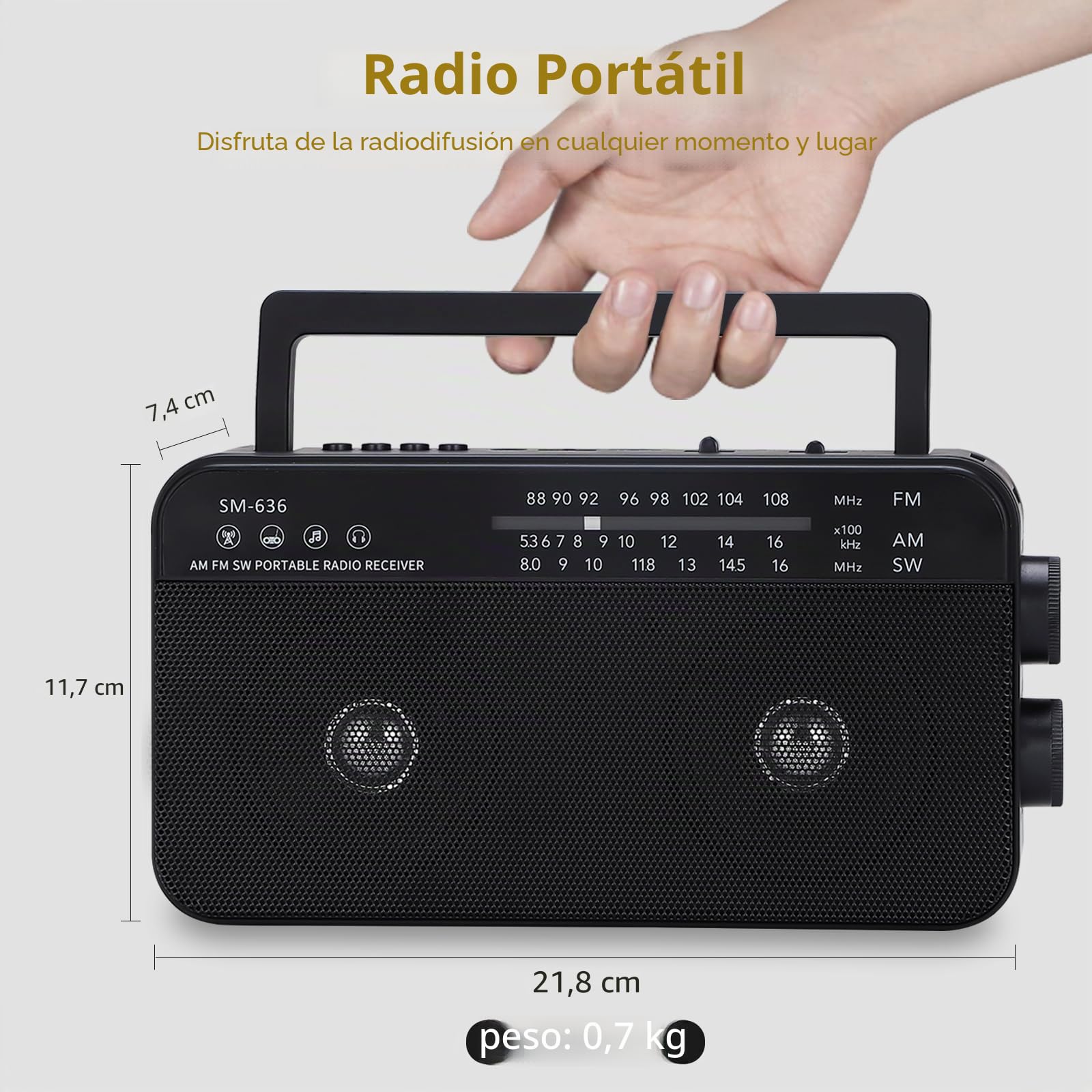 SEMIER - Radio portátil Am FM de Onda Corta con Altavoz Bluetooth, 3X Pilas D o Radio de Transistor de Potencia de CA con Dos Altavoces de 6 vatios, Compatible con USB AUX y Reproductor de MP3 de