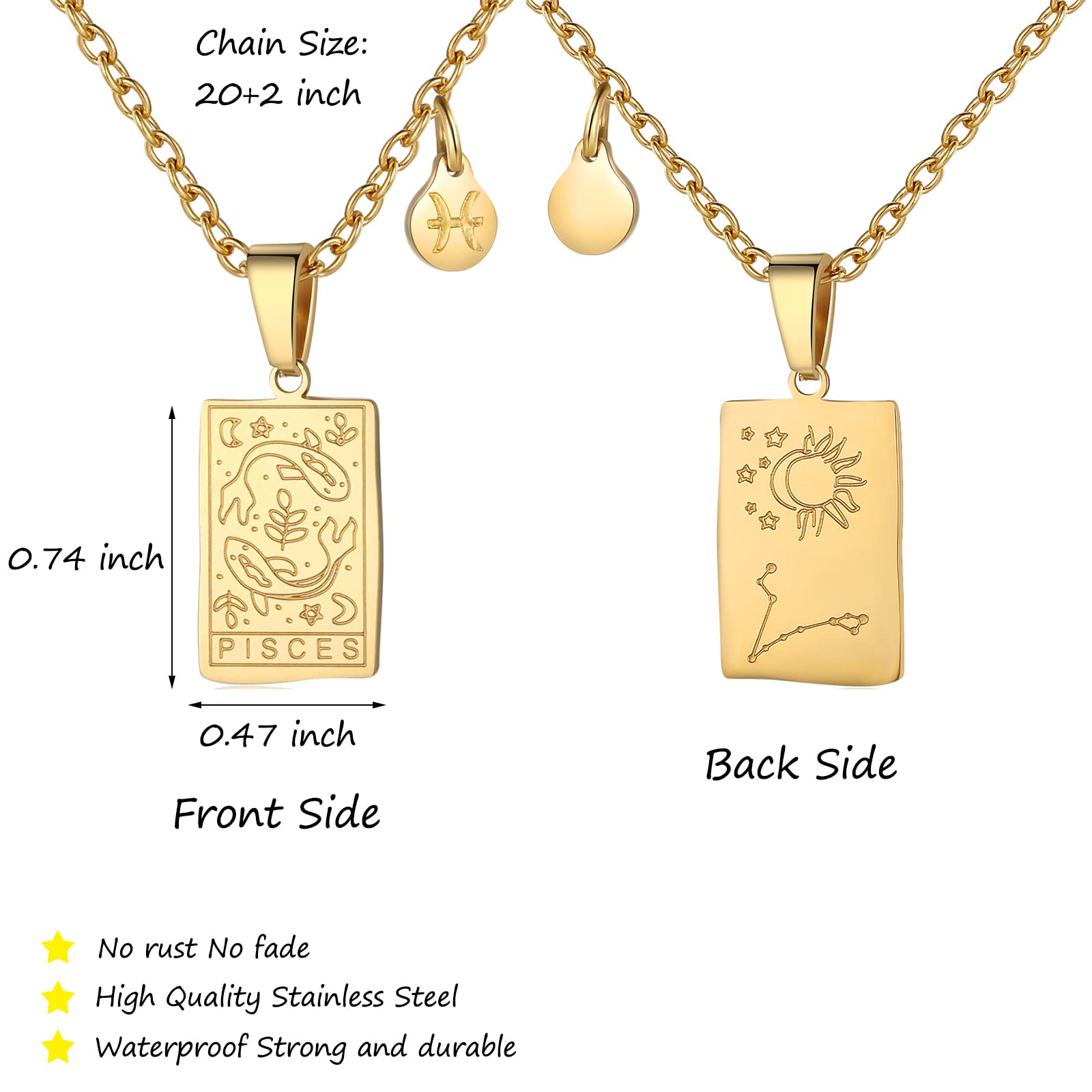 Zodiac Sign Necklace for Women Constellation Tarot Card Pendant Double Sided Gold Stainless Steel Waterproof NonTarnish Friendship Jewelry Gift: Pisces