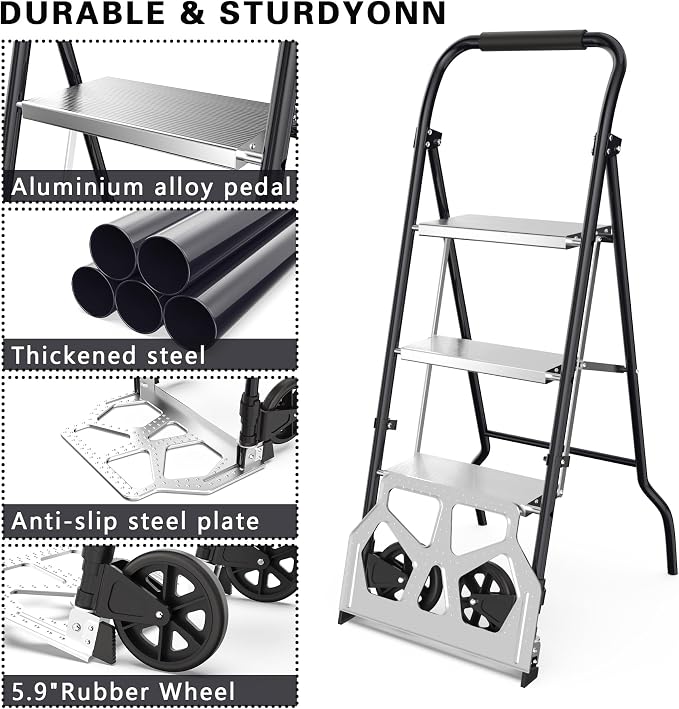 Escalera plegable 2 en 1 y carrito con ruedas negro miniatura 3
