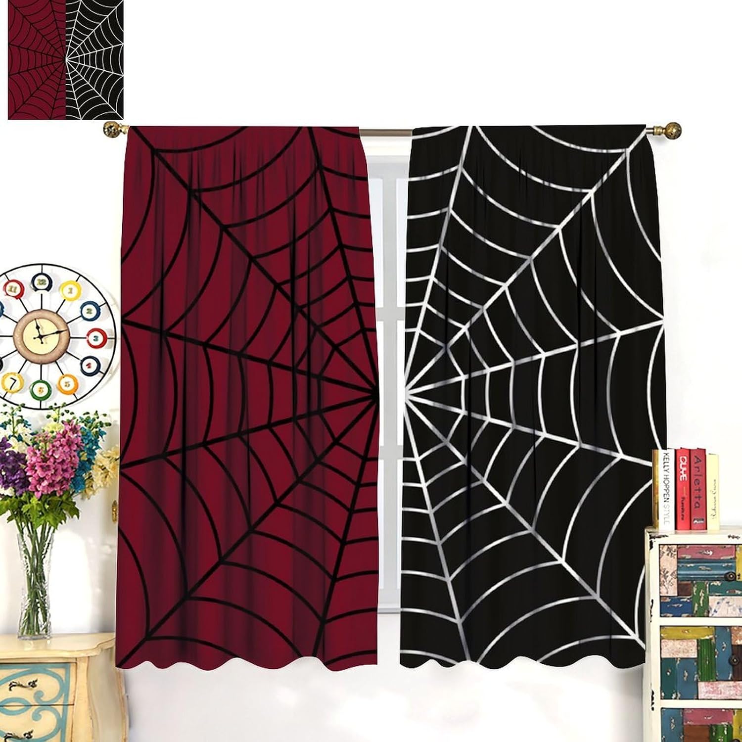 Heroes Spider Web Curtains, Black Red Black Halloween Gothic Window Treatments, Rod Pocket Thermal Insulated Drapes 2 Panel Sets for Teens Kids Living Room Bedroom Playroom, 42"W X 45"L【Decor】 image 4