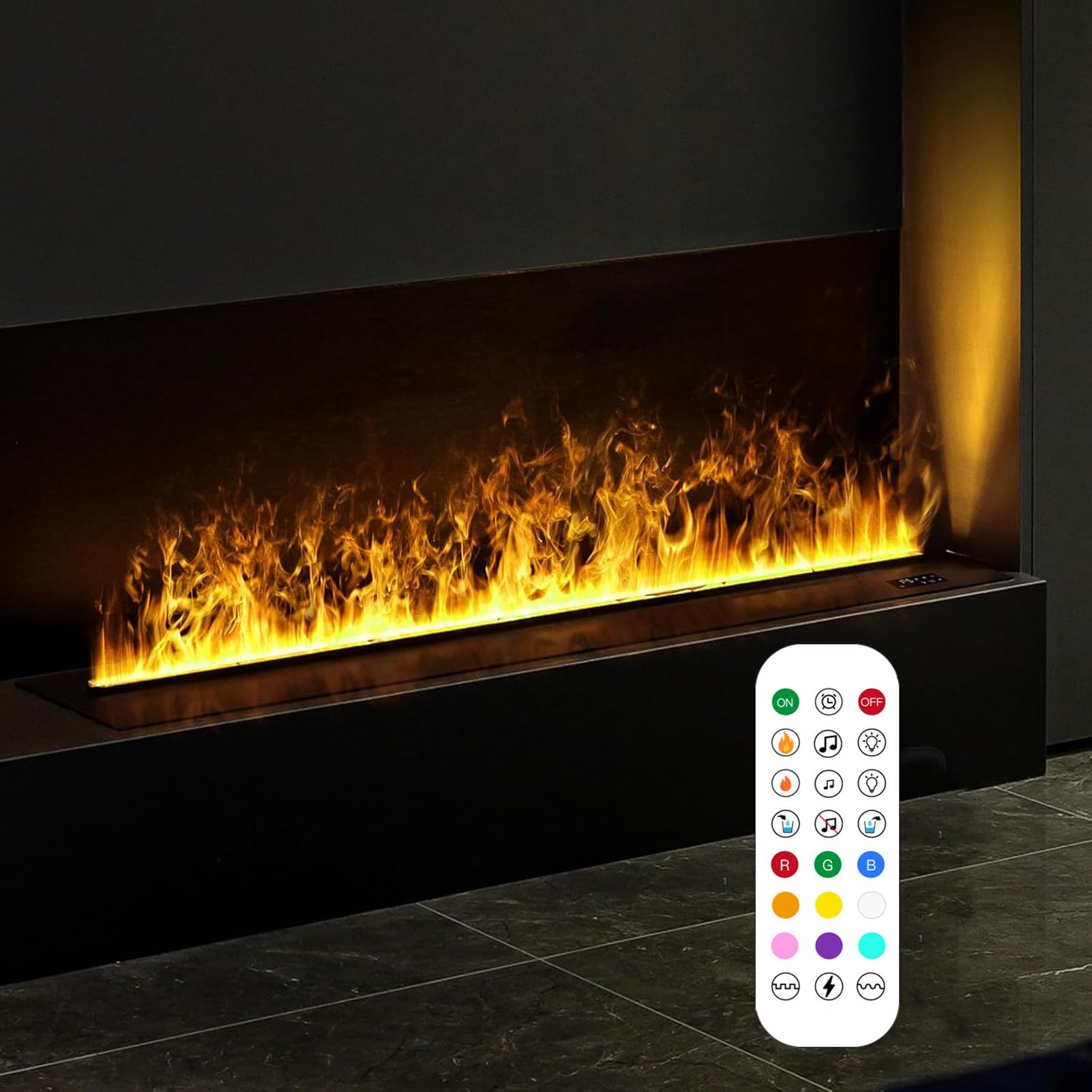 Elektrischer Wassernebel Kamin Mit 3D Atomisierter Flamme Und Luftbefeuchter Funktion, Einbau-Dampfkamin Mit 9 Einstellbaren Flammenfarben, Ohne Heizung, Gebürsteter Edelstahl