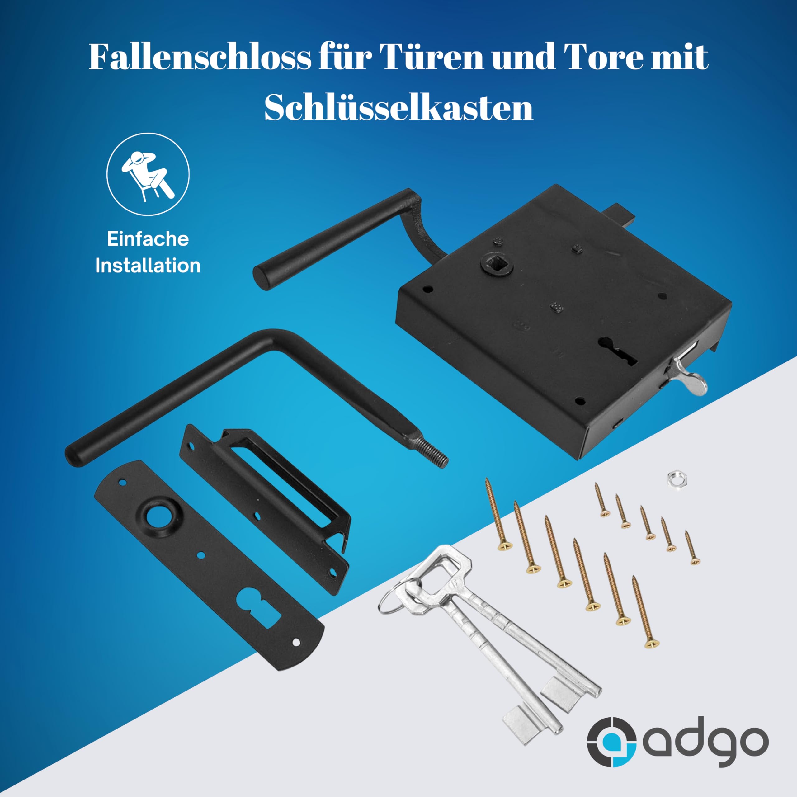 ADGO Schloss für Tür und Tore Schloss Riegel Schloss mit Schlüssel Kastenschloss mit einem Ventil Linke Tür Schliessblech pulverbeschichtet Stahlgriff Edelstahl Schwarz 100 mm