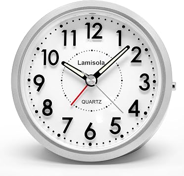 Lamisola 4 Inch Alarm Clock for Bedrooms, Small Analog Desk Clock, Silver