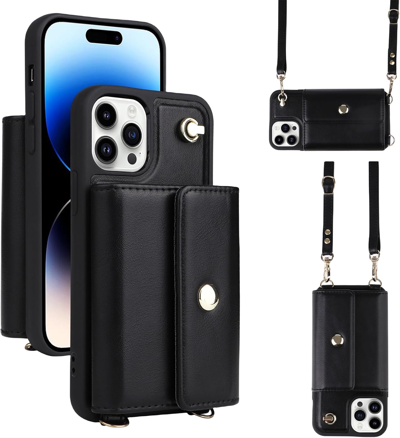 Crossbody Wallet Case for iPhone 15 Pro Max/15 Pro/15 Plus/15, PU Leather Double Buttons Shockproof Flip Cover with Shoulder Strap Card Slots Kickstand