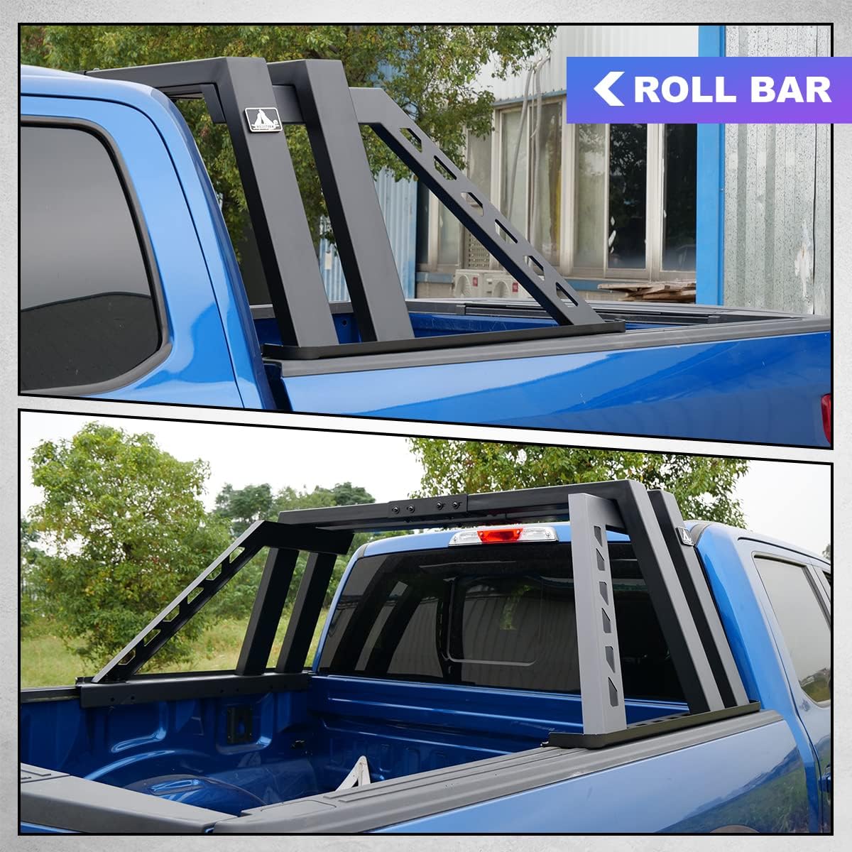Two images showing the WOLFSTORM Roll Bar installed on a truck bed from different angles, highlighting its appearance and fit.