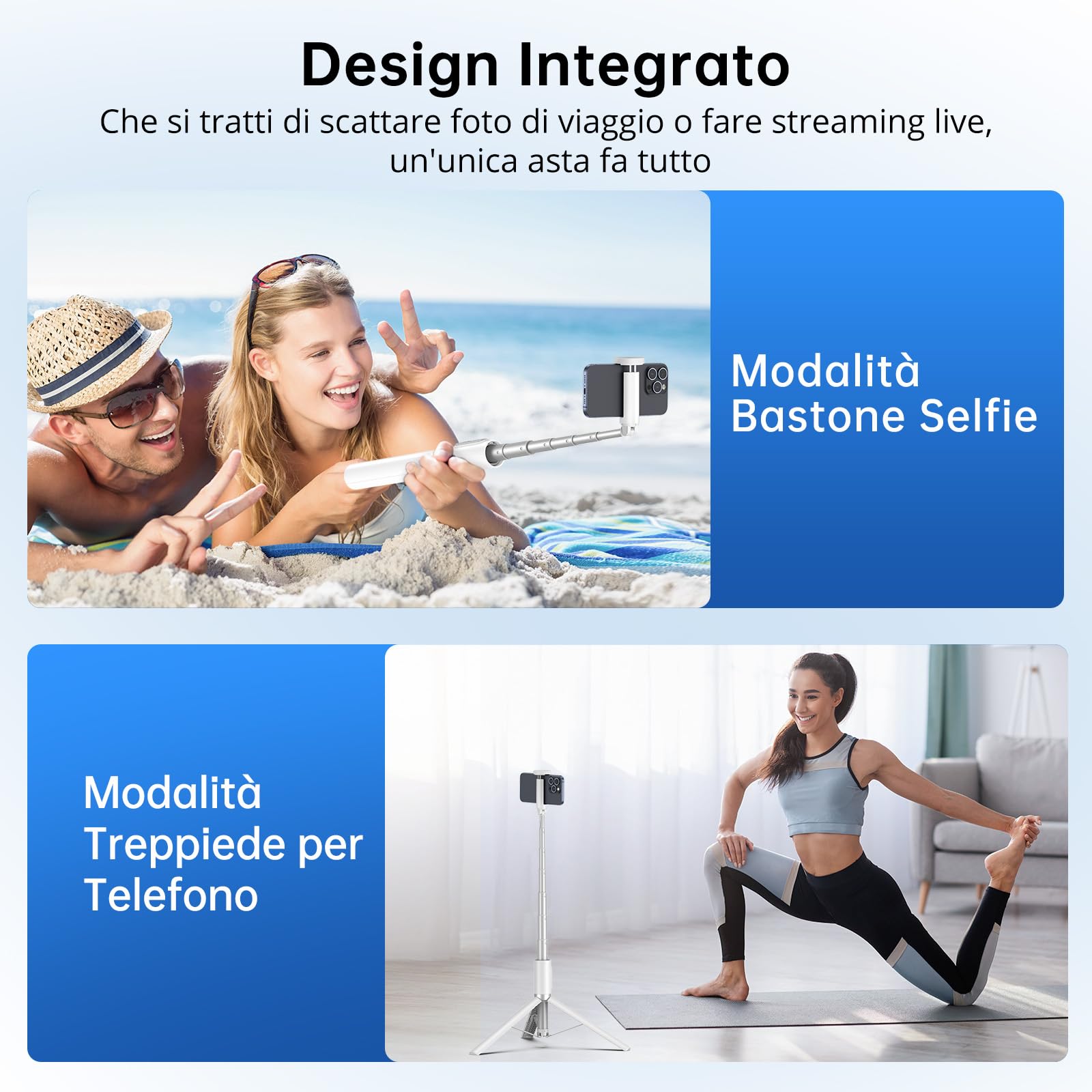 SYNCWIRE Bastone Selfie Treppiede 140cm, Selfie Stick Regolabile con Telecomando Bluetooth Ricaricabile, Asta Selfie in Alluminio Estendibile, Compatibile con iPhone e Smartphone Android (Bianco)