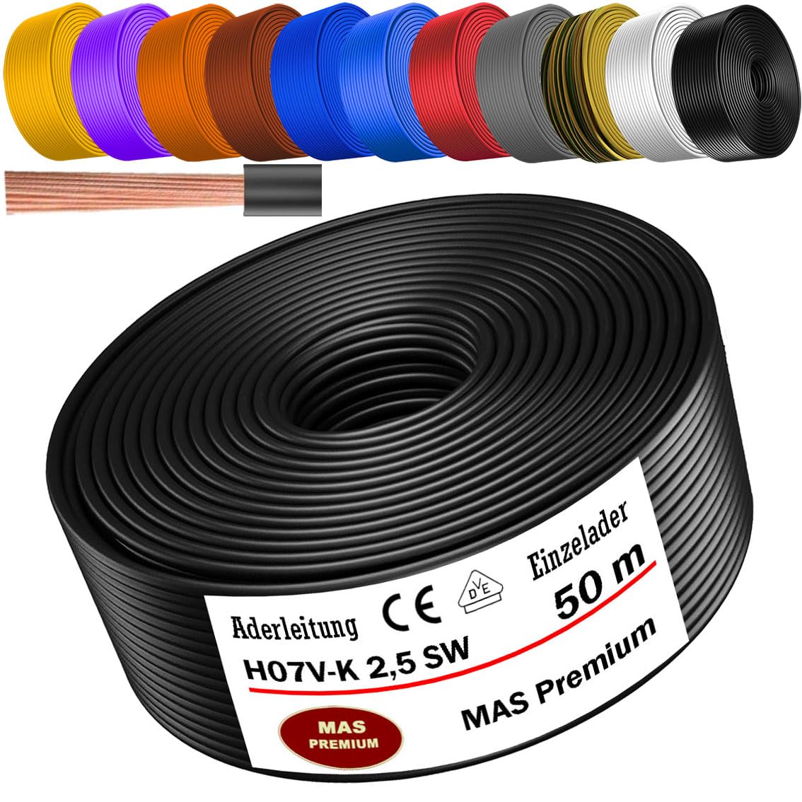 MAS Premium Conduttore H07 V-K 1 x 2,5 mm² HBL GRGE RT DBL BR OR GR WS VIO o GE singolo, flessibile da 5 a 100 m (nero, 50 m)