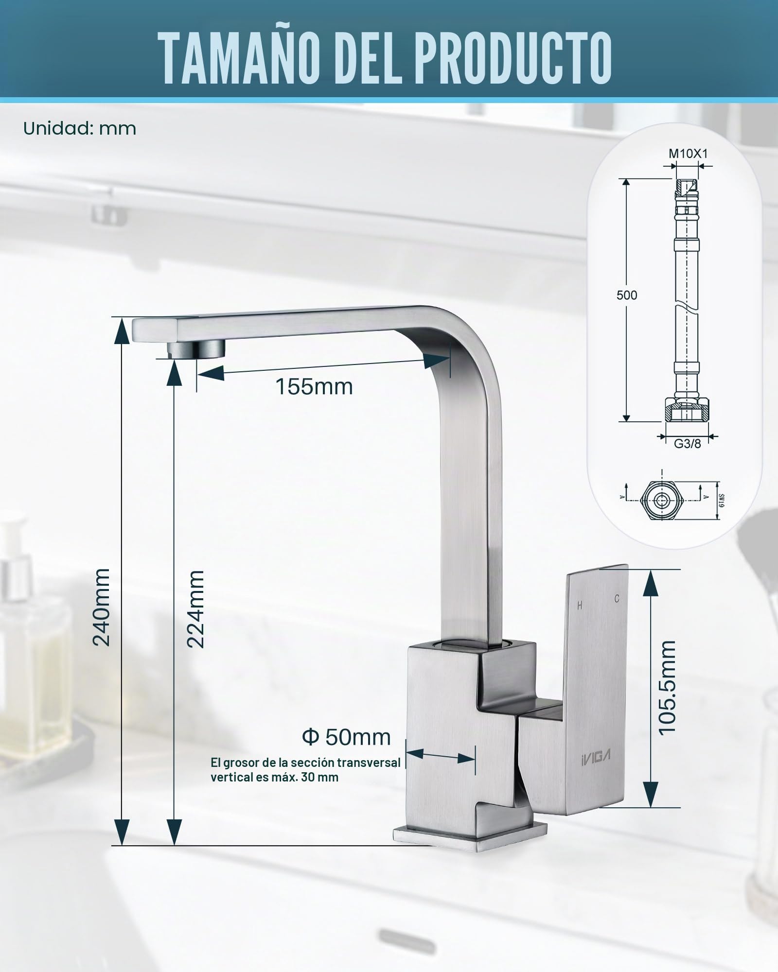 Grifo de cocina de alta presión, acero inoxidable, giratorio 360°, monomando para fregadero