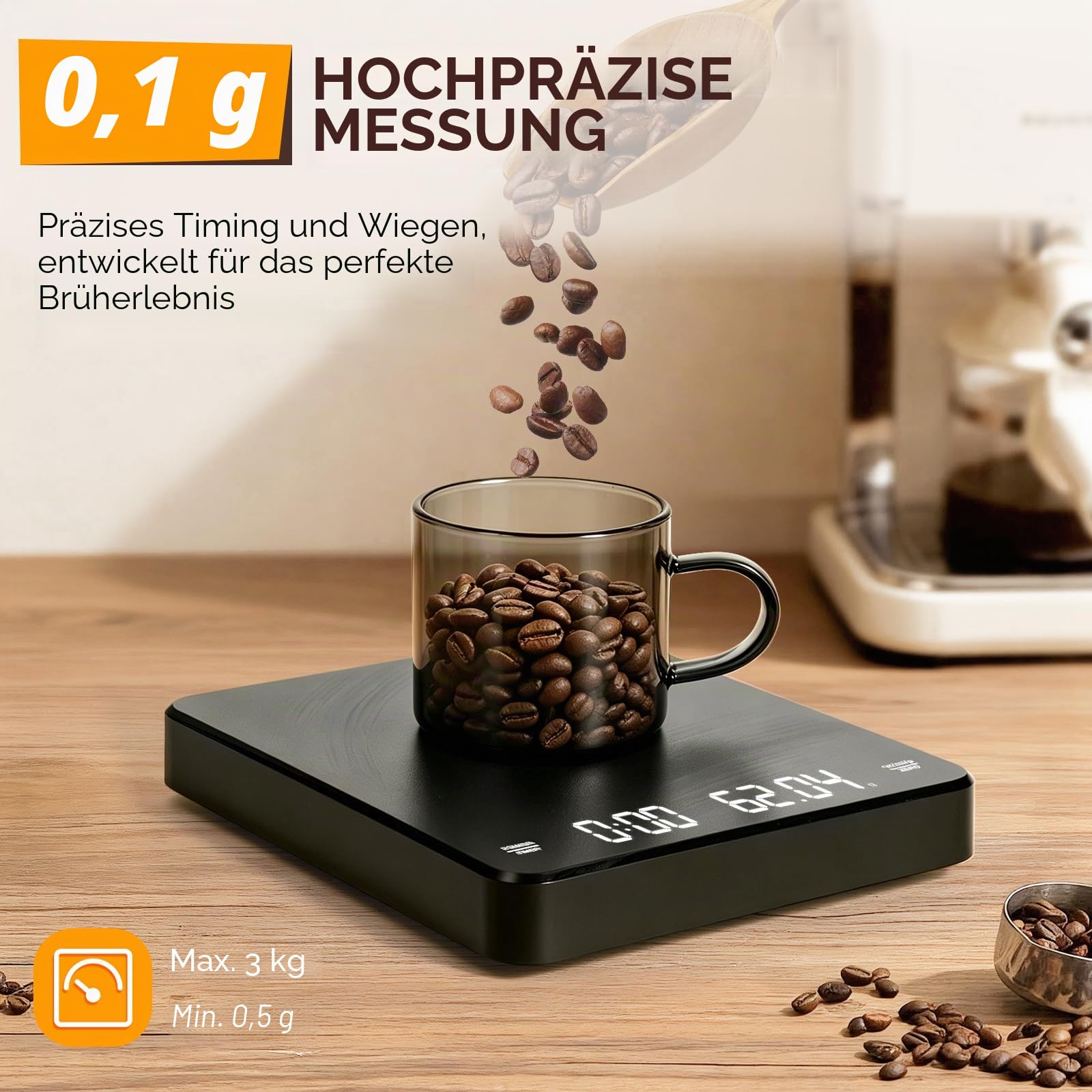 Kaffeewaage mit Timer, Digitale Espressowaage 0,1 g Präzision bis 3 kg, Coffee Scale mit Silikonmatte, USB-C Wiederaufladbar, Mini Barista Waage für Espresso, Pour Over und Küche