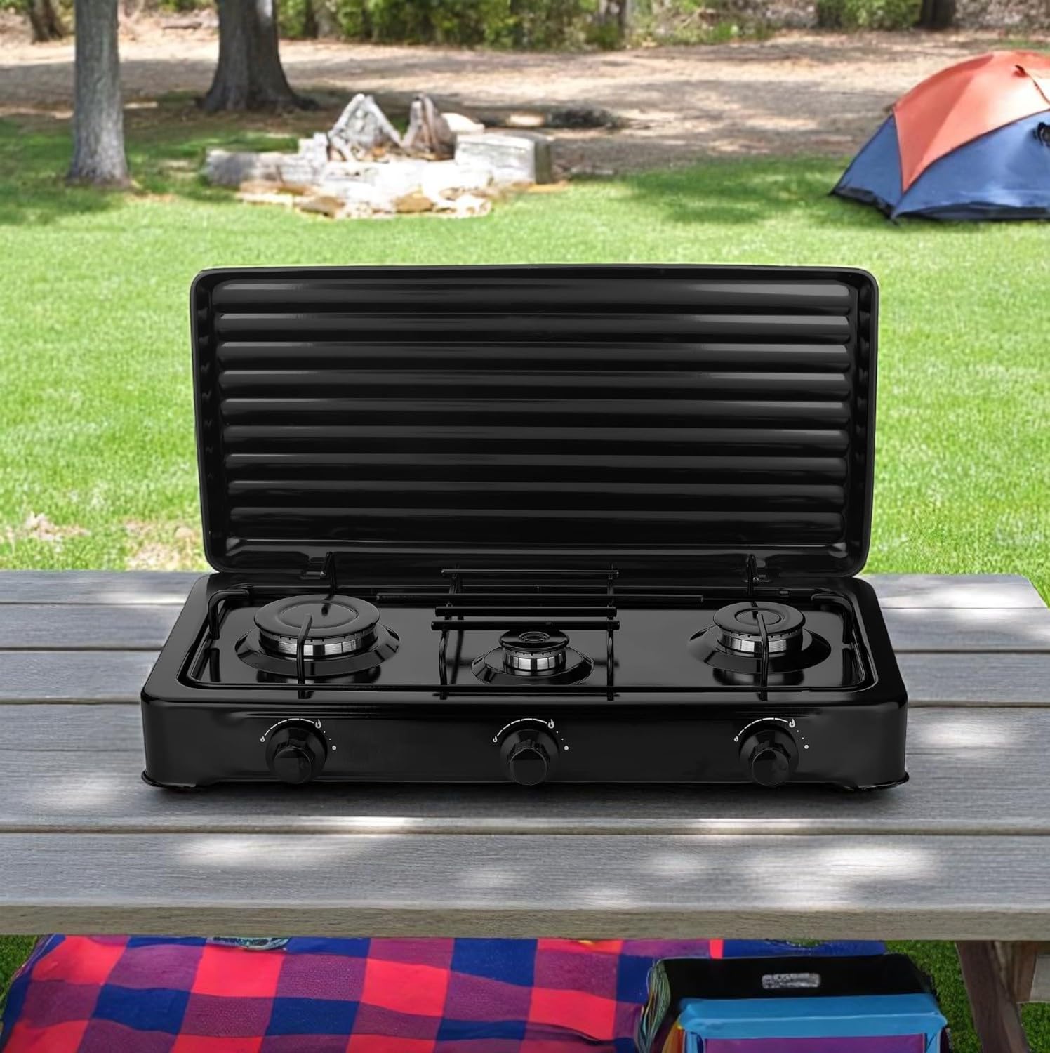 Cocina Hornillo de gas portatil para camping y exterior con 3 quemadores, 30 – 50 mbar, placa de gas con tapa protectora, manguera de presión para butano incluido.
