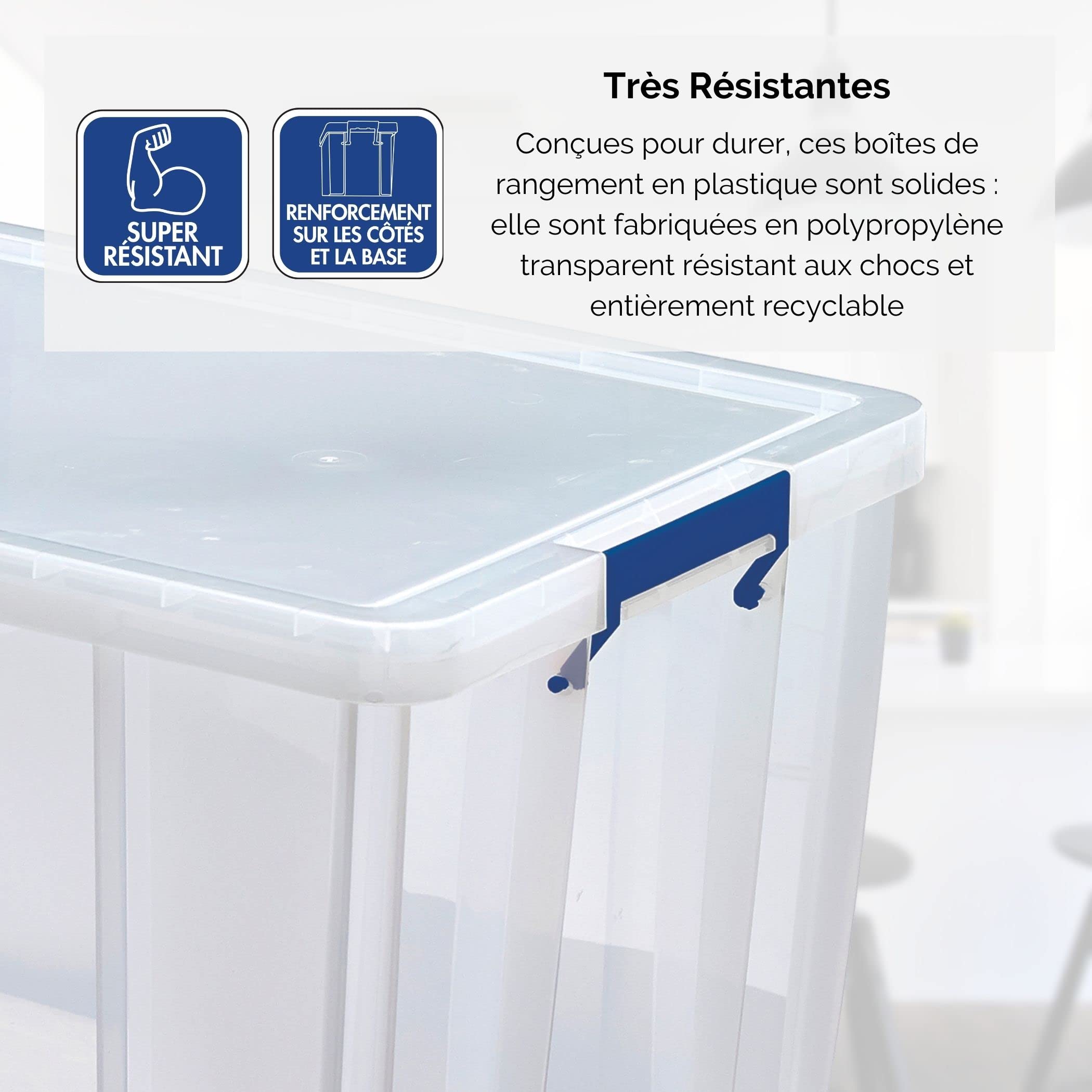 Bankers Box Boîte de rangement ProStore 85 L, 37.5 x 57.5 x 38 cm, avec couvercle et poignées, format A4, empilable, plastique transparent sans BPA, 7731101
