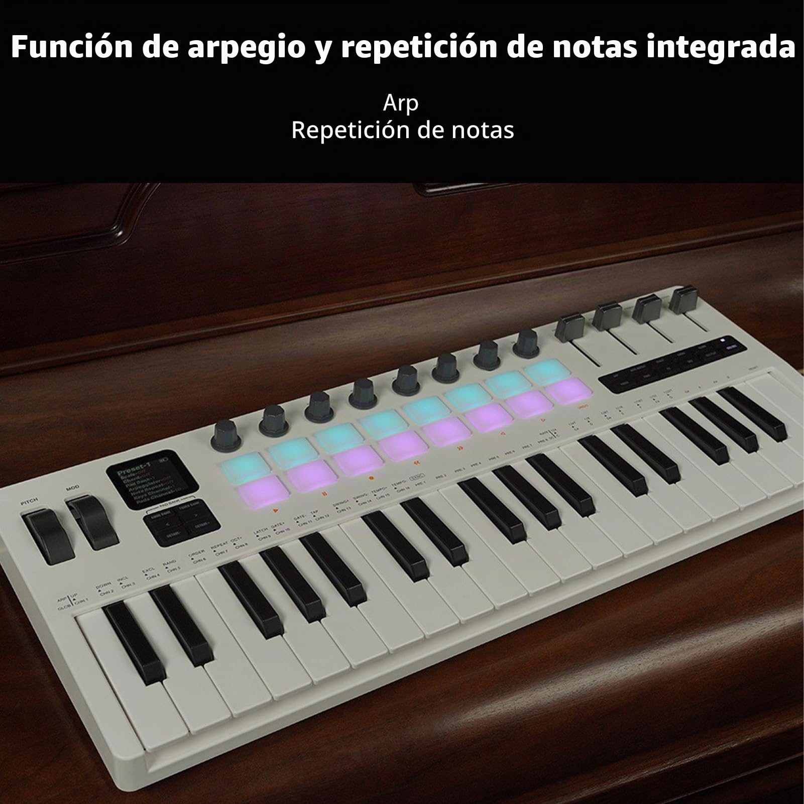 Btuty 37 Keys MIDI Keyboard Música Controlador de Producción de Música MIDI con 16 RGB TOMPLES 8 BOTONES 4 Reguladores Syntesizador Incorporado para Producción Musical en Camino