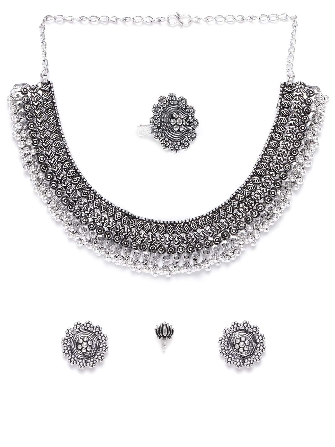 Priyaasi Oxidised Silver Jewellery Set for Women | Traditional Design | Set of Choker Necklace, Stud Earrings, Adjustable Ring, & Nose Pin (without Piercing) | German Silver | Great for Giftings, Party, Office, & Shopping (B08K485DQB) Amazon Price History, Amazon Price Tracker