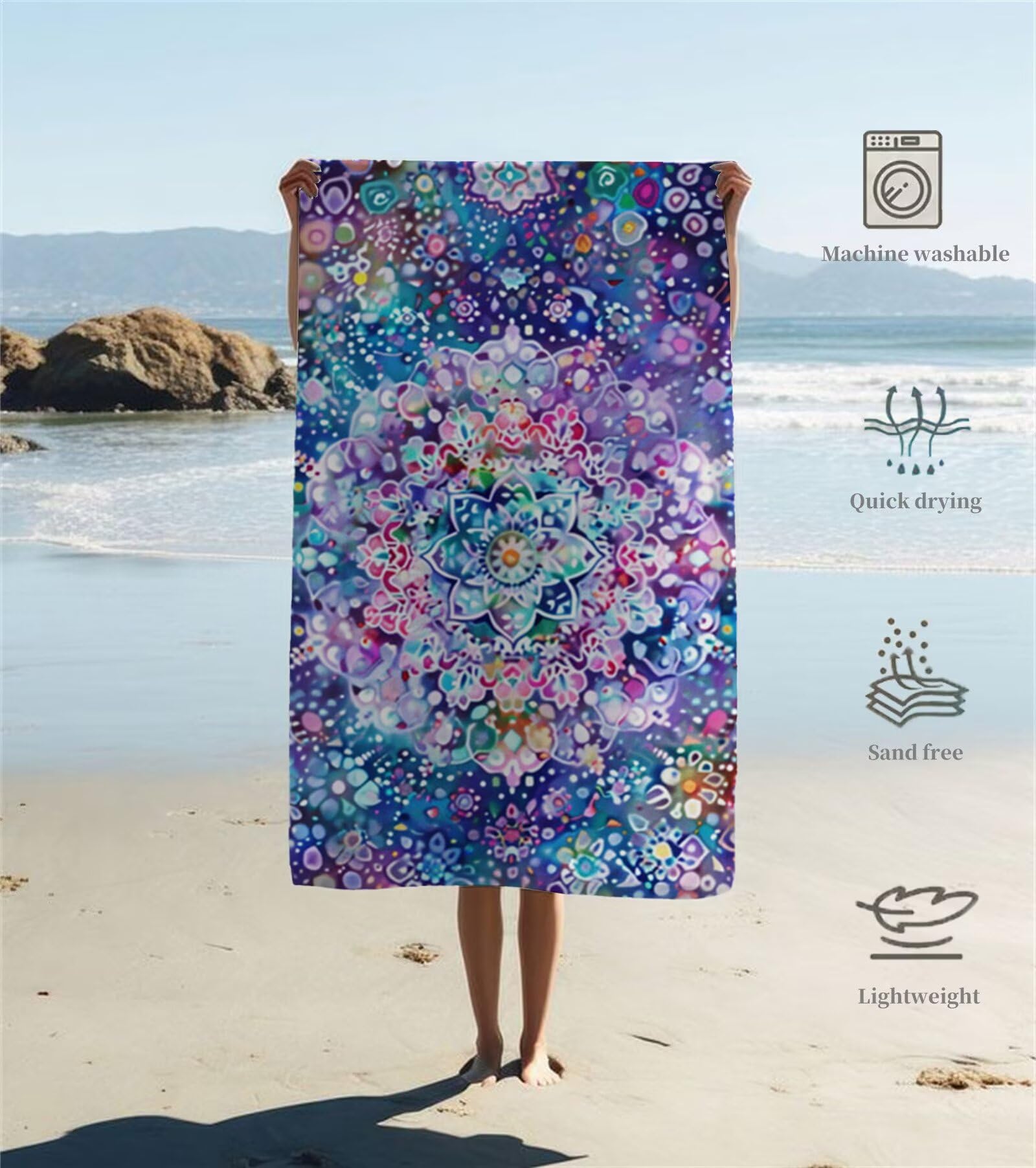 Ręcznik plażowy z mikrofibry 220 x 100 cm duży fioletowy ręcznik kąpielowy Mandala mata plażowa anty piasek, ręczniki sportowe, szybkoschnące, kompaktowe i lekkie, do sportu, podróży, sauny, basenu Y1